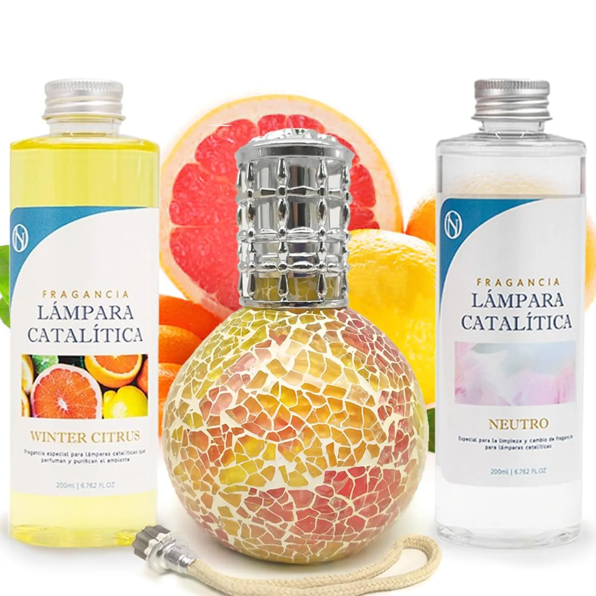 Pack Ahorro Lámpara Catalítica Mosaico Bicolor + Fragancia Winter Citrus 500ml + Limpiador Neutro 200ml + Mecha Repuesto