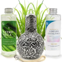 Pack Ahorro Lámpara Catalítica Mosaico Negro + Fragancia Citronela 500ml + Limpiador Neutro 200ml + Mecha De Repuesto