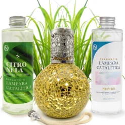 Pack Ahorro Lámpara Catalítica Mosaico Dorado + Fragancia Citronela 200ml + Limpiador Neutro 200ml + Mecha Repuesto