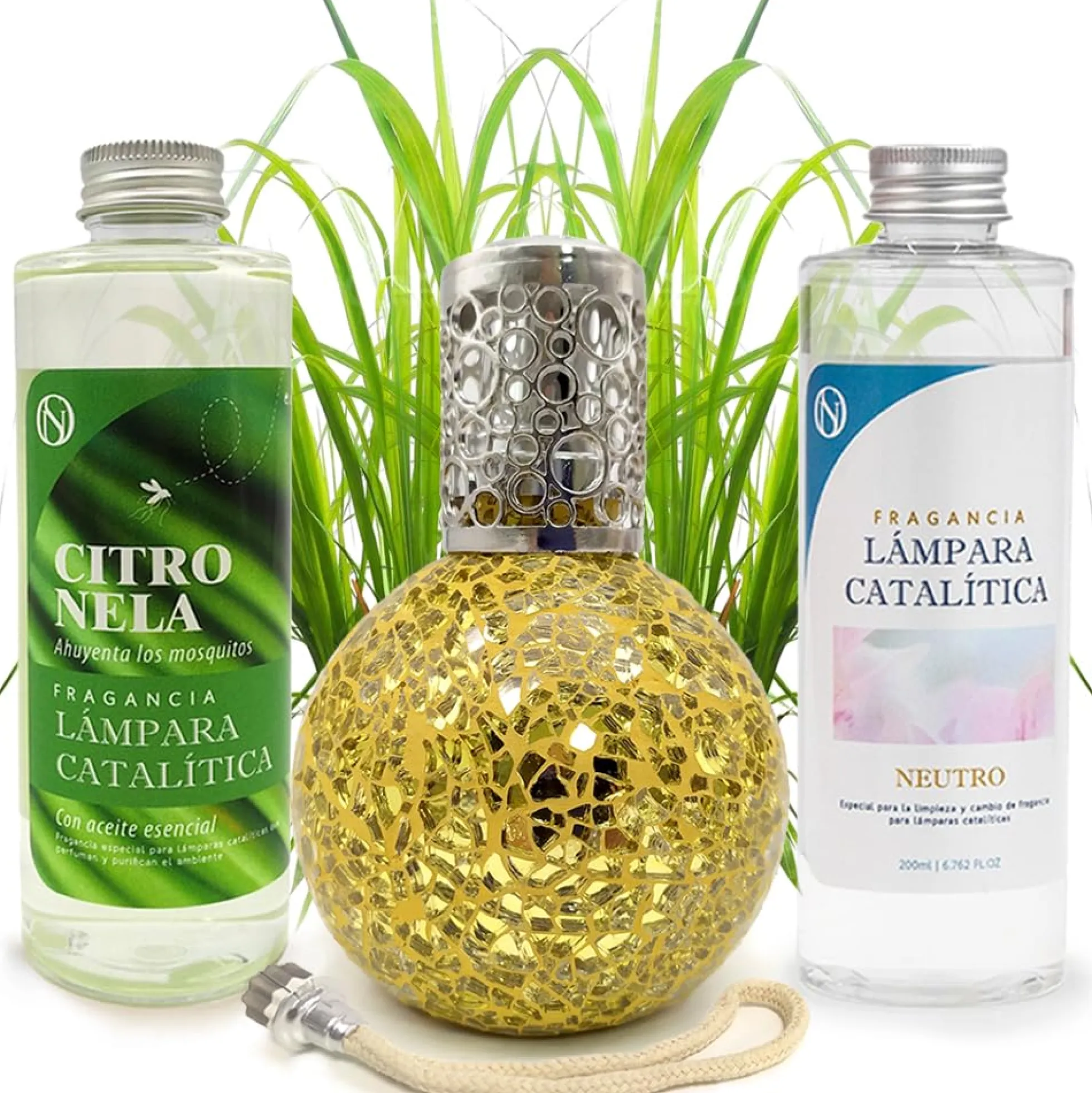 Pack Ahorro Lámpara Catalítica Mosaico Dorado + Fragancia Citronela 200ml + Limpiador Neutro 200ml + Mecha Repuesto