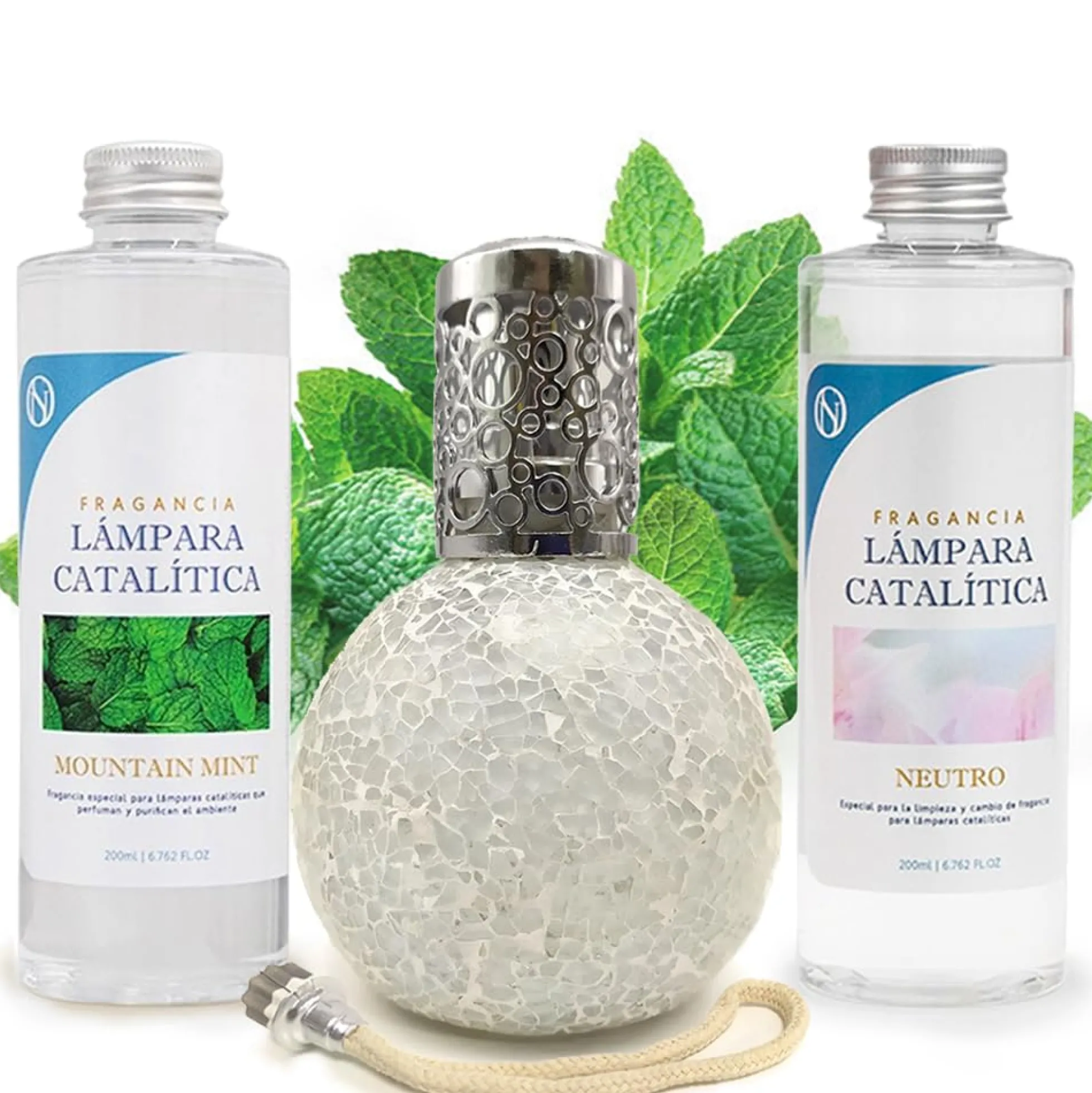 Pack Ahorro Lámpara Catalítica Mosaico Blanco + Fragancia Mountain Mint 500ml + Limpiador Neutro 200ml + Mecha Repuesto