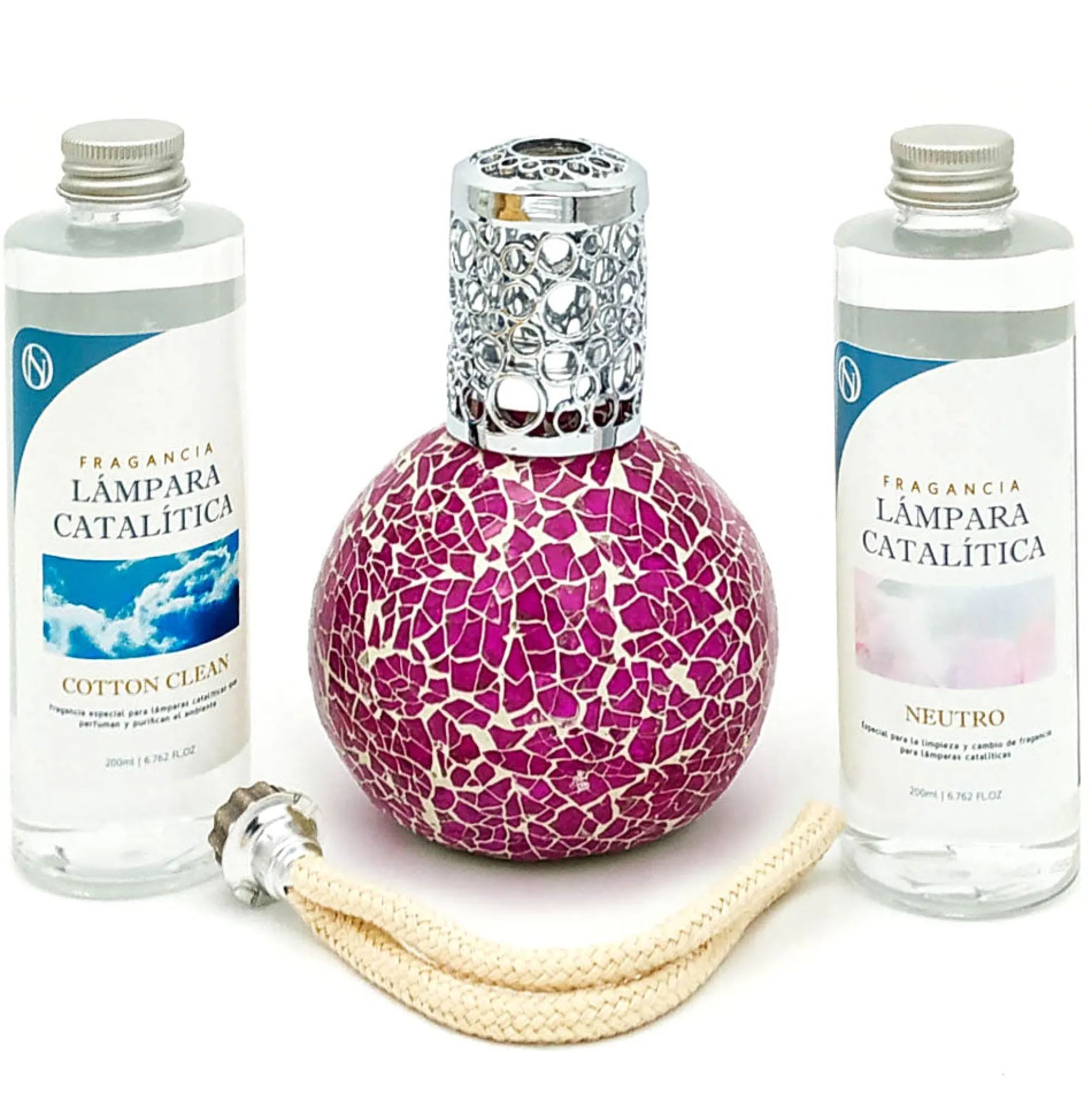 Pack Ahorro Lámpara Catalítica Mosaico Fucsia + Fragancia Cotton Clean 200ml + Limpiador Neutro 200ml + Mecha Repuesto