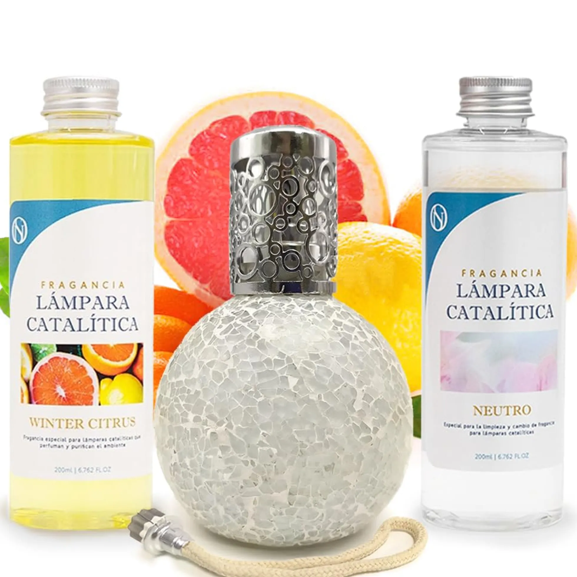 Pack Ahorro Lámpara Catalítica Mosaico Blanco + Fragancia Winter Citrus 200ml + Limpiador Neutro 200ml + Mecha Repuesto