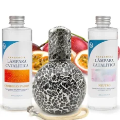 Pack Ahorro Lámpara Catalítica Mosaico Negro + Fragancia Caribbean Passion 500ml + Limpiador 200ml + Mecha Repuesto