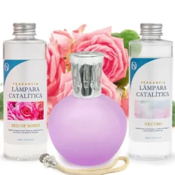 Pack Ahorro Lámpara Catalítica Fucsia Mate + Fragancia Bed Of Roses 500ml + Limpiador Neutro 200ml + Mecha Repuesto
