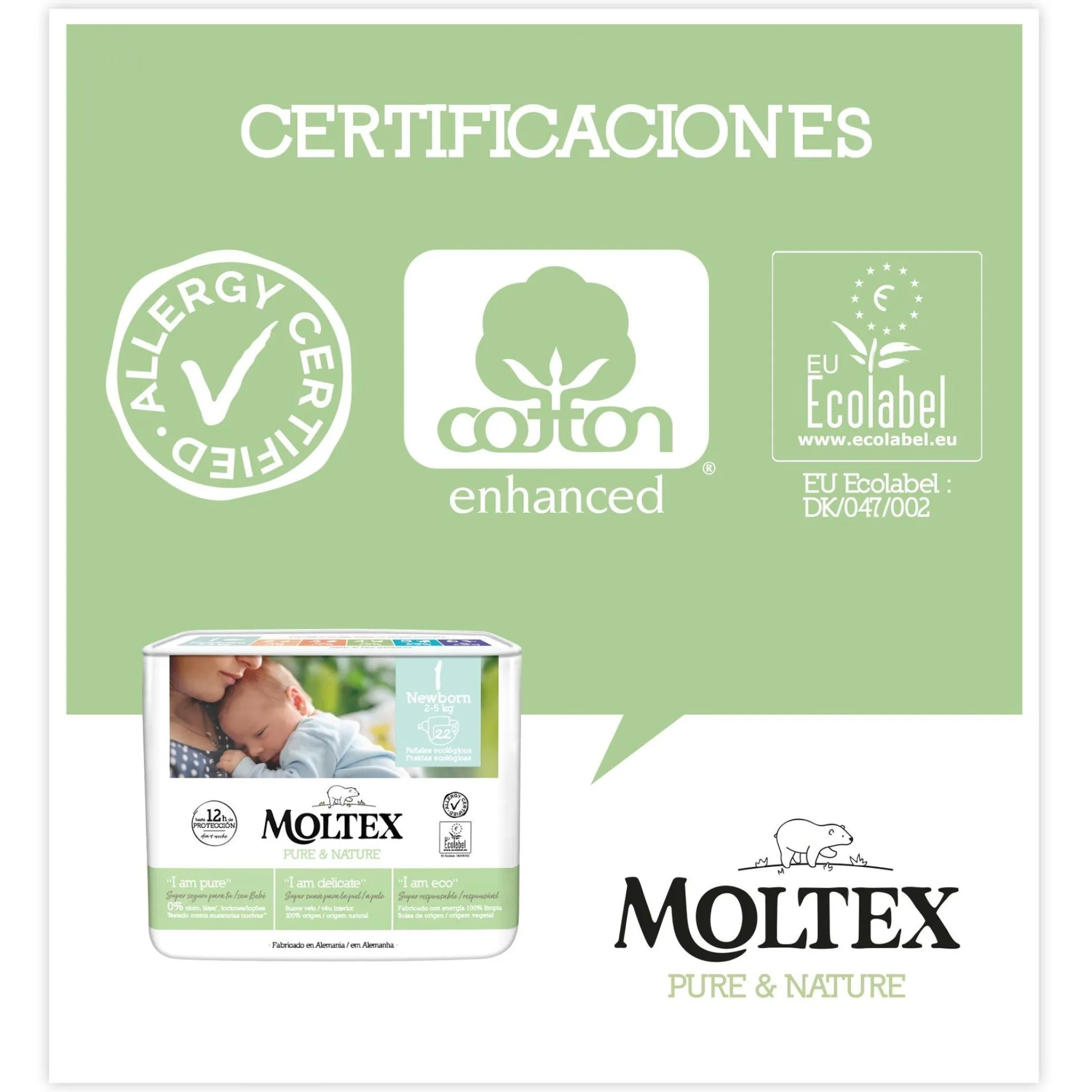 Pack ahorro Pañales T1 (2-5kg) Moltex Pure & Nature,88 Uds