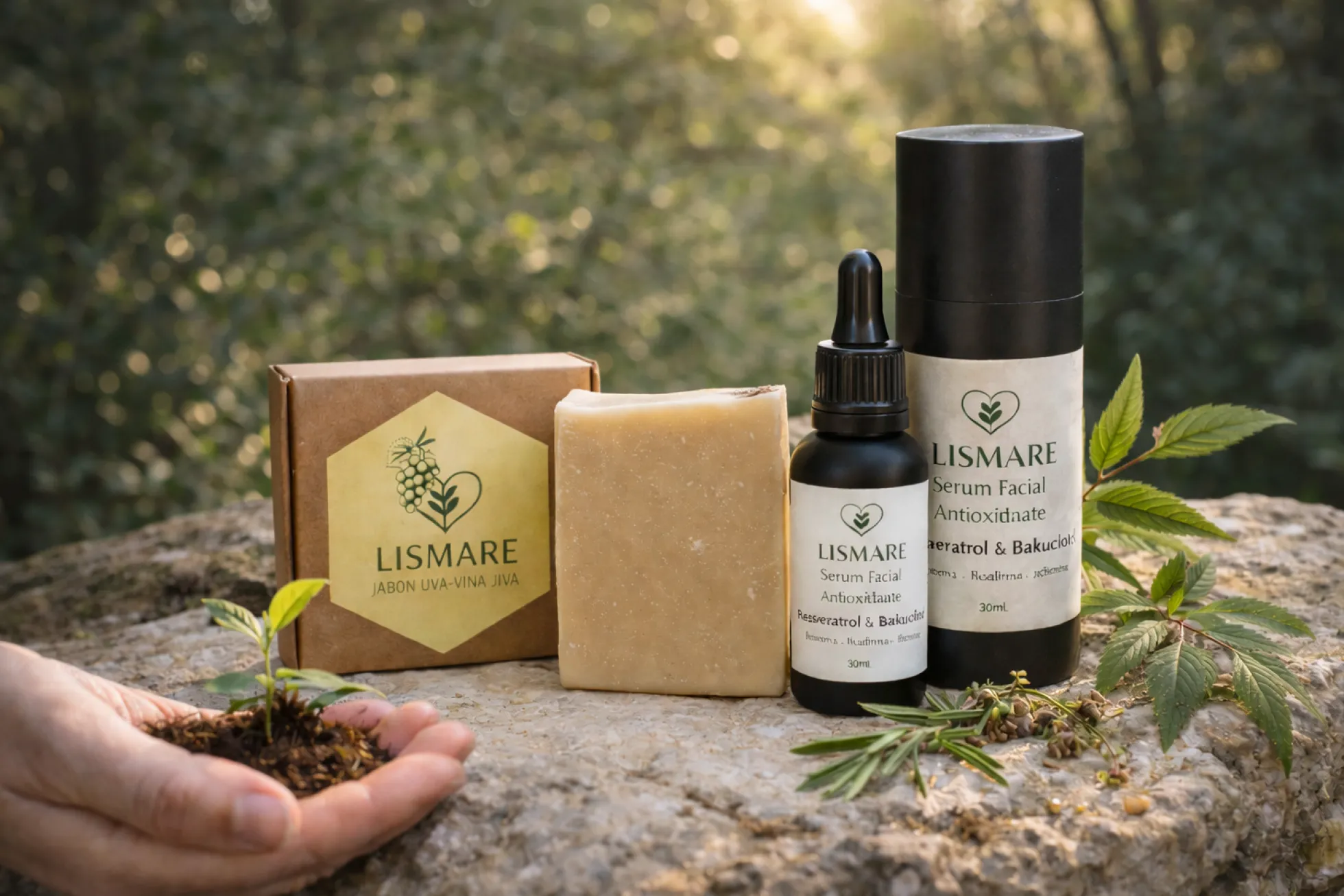 Pack facial antioxidante – Sérum Resveratrol y Bakuchiol + jabón sólido de uva – Cosmética natural – Lismare
