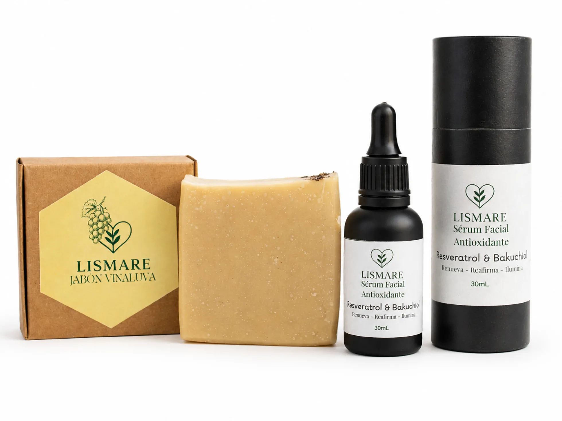 Pack facial antioxidante – Sérum Resveratrol y Bakuchiol + jabón sólido de uva – Cosmética natural – Lismare
