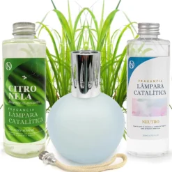 Pack Lámpara Catalítica Azul Grisáceo Mate + Fragancia Citronela 200ml + Limpiador Neutro 200ml + Mecha Repuesto