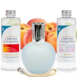 Pack Lámpara Catalítica Azul Grisáceo Mate + Fragancia Peach Velvet 500ml + Limpiador Neutro 200ml + Mecha Repuesto