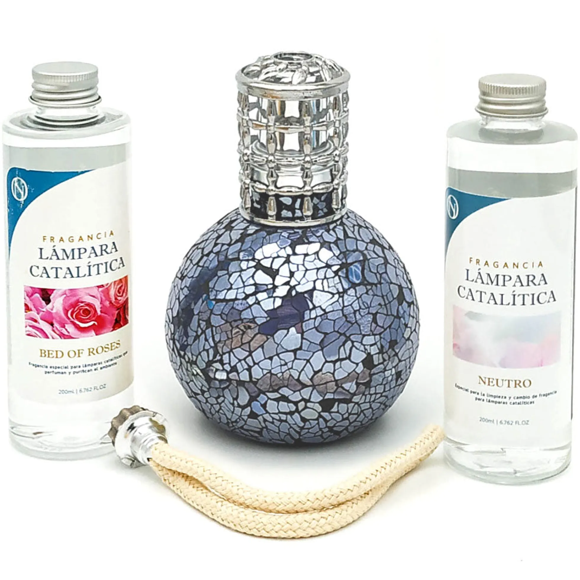 Pack Lámpara Catalítica Mosaico Azul Océano + Fragancia Bed Of Roses 500ml + Limpiador Neutro 200ml + Mecha De Repuesto