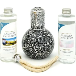 Pack Lámpara Catalítica Mosaico Negro + Fragancia Provence Breeze 200ml + Limpiador Neutro 200ml + Mecha De Repuesto