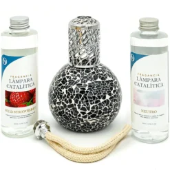 Pack Lámpara Catalítica Mosaico Negro + Fragancia Wild Strawberry 200ml + Limpiador Neutro 200ml + Mecha De Repuesto