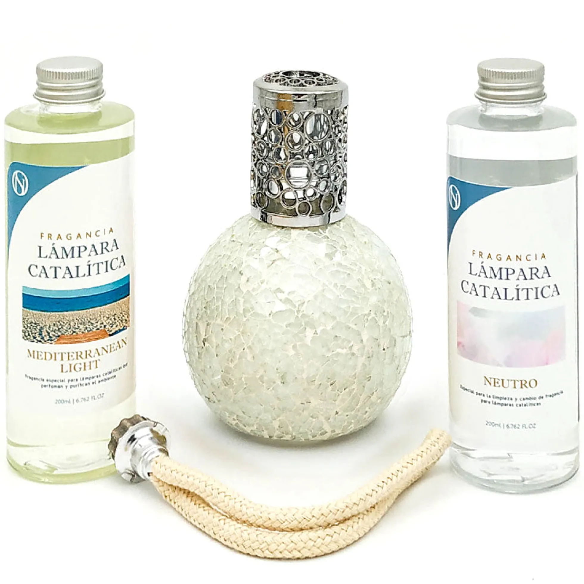 Pack Lámpara Catalítica Mosaico Blanco + Fragancia Mediterranean Light 500ml + Limpiador Neutro 200ml + Mecha Repuesto