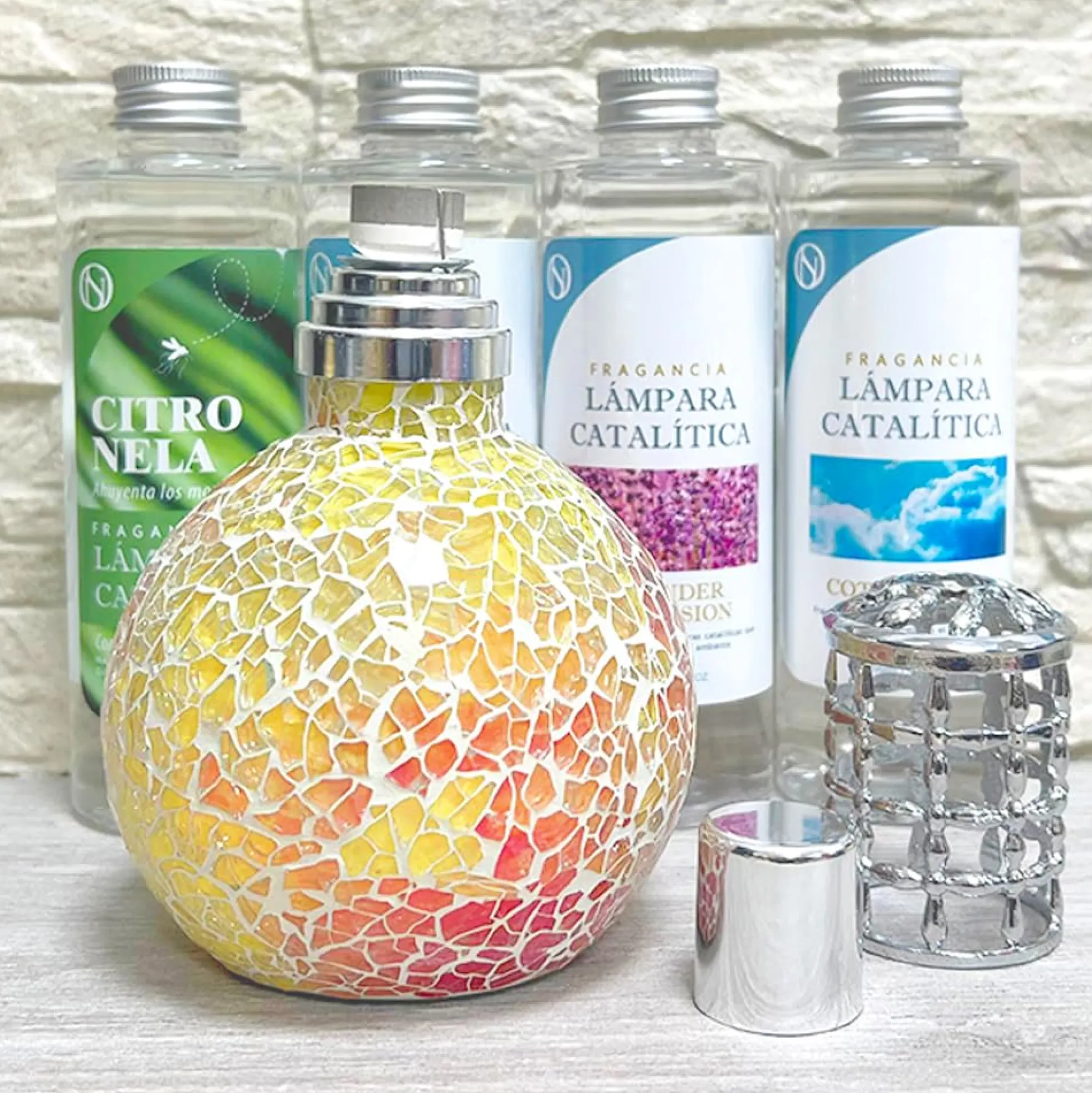Pack Lámpara Catalítica Mosaico Bicolor + Fragancia Lavender Expression 200ml + Limpiador Neutro 200ml + Mecha Repuesto