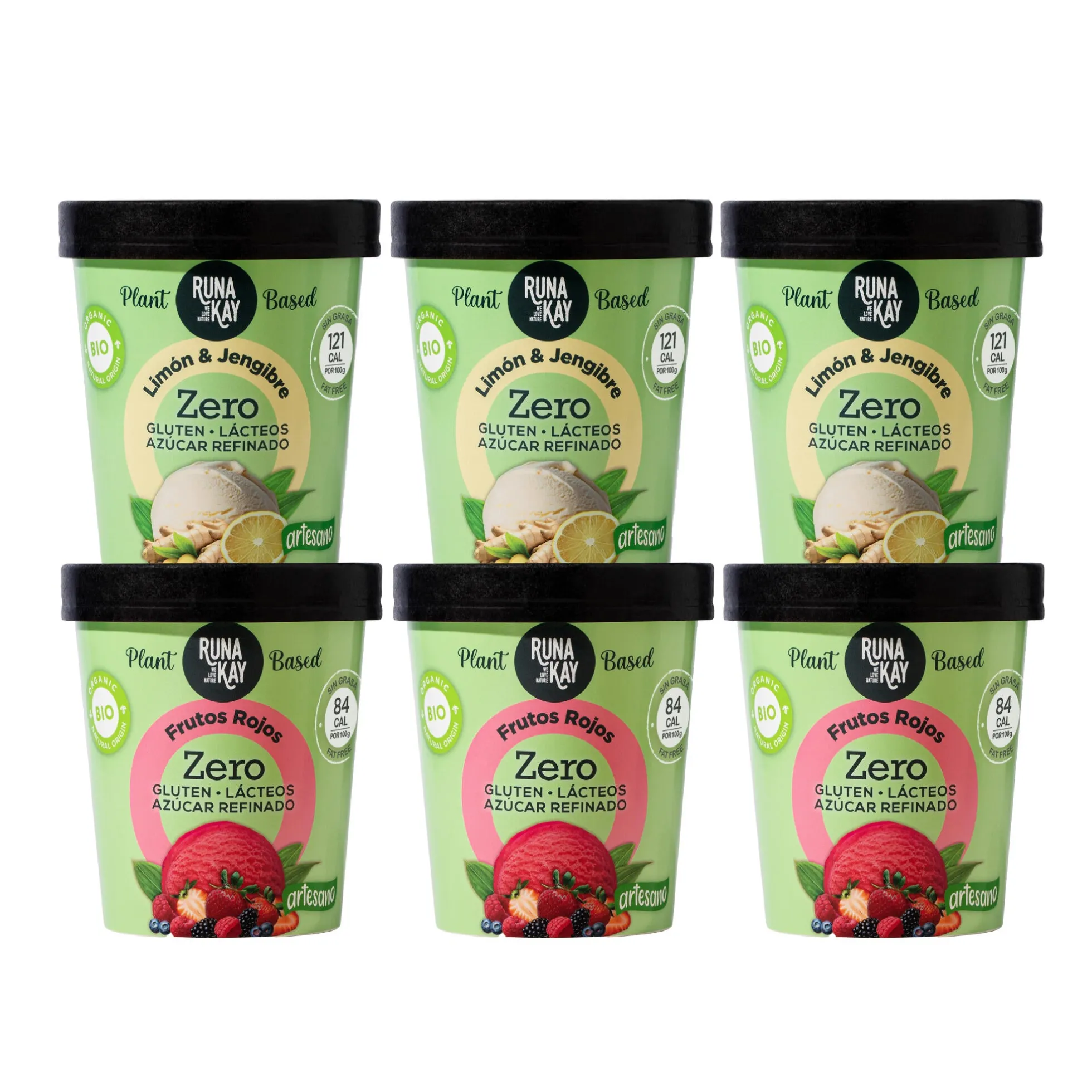Pack Mix Helado Artesano Eco Sin Gluten Ni Azúcar Refinado De Limón & Jengibre Frutos Rojos Runakay 6x460ml/400g