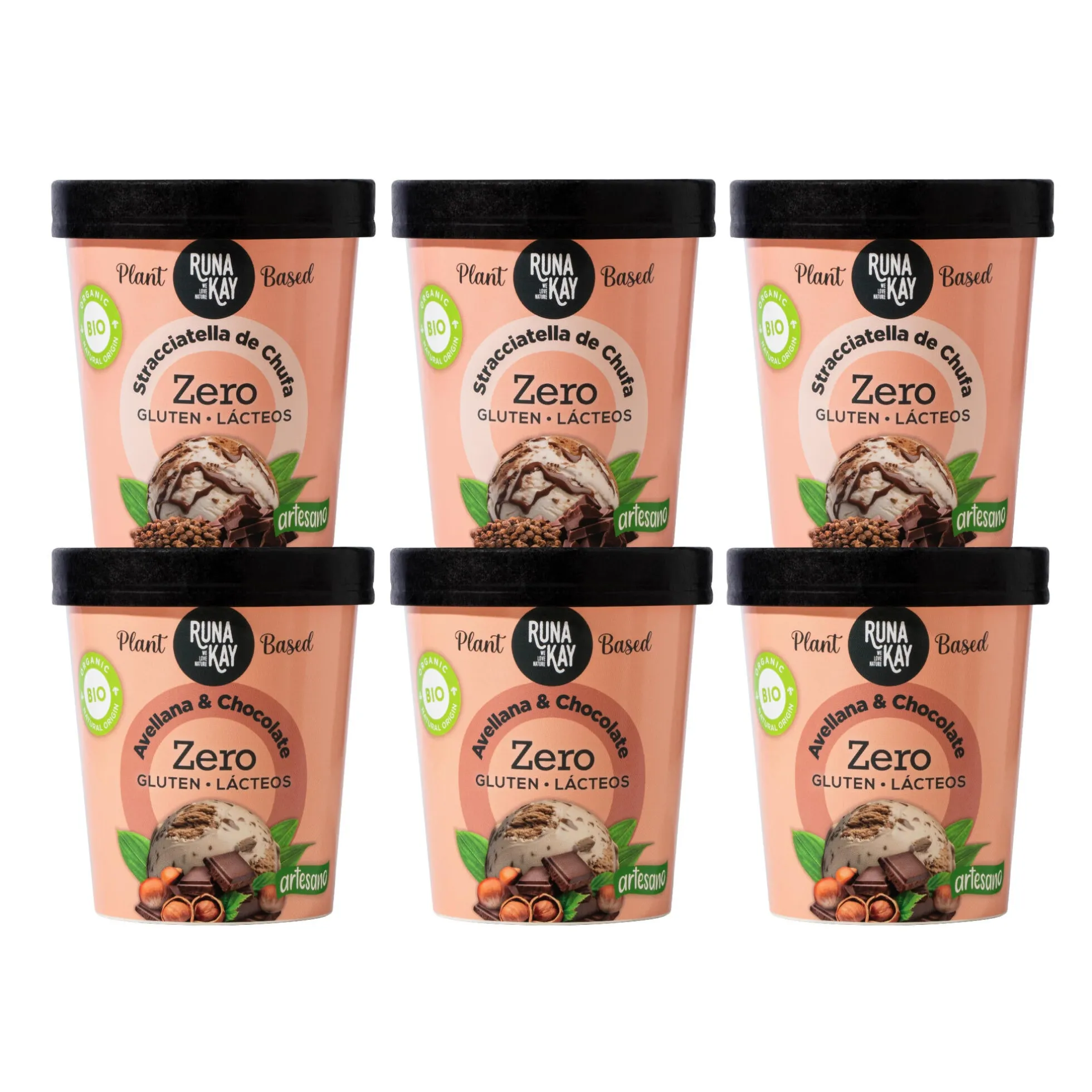 Pack Mix Helado Artesano Eco Sin Gluten Ni Lácteos Stracciatella Chufa&Choco Avellana&Choco Runakay 6x460ml/400g