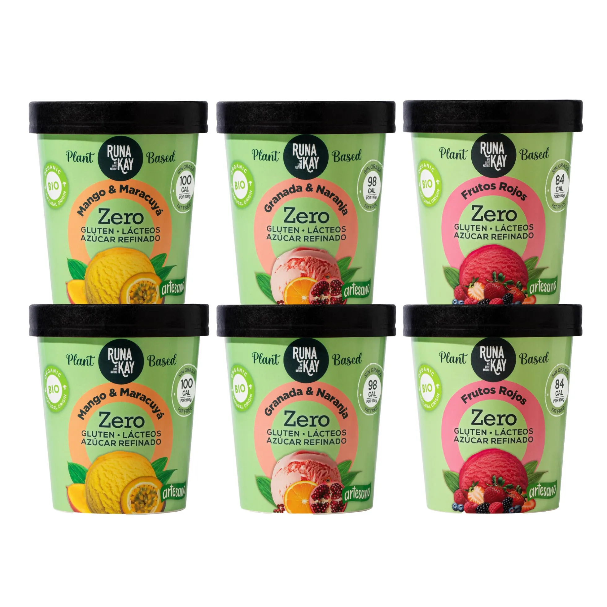 Pack Mix Helado Artesano Eco Sin Gluten Ni Azúcar Refinado Mango&Maracuyá Granada&Naranja Frutos Rojos Runakay 6x460