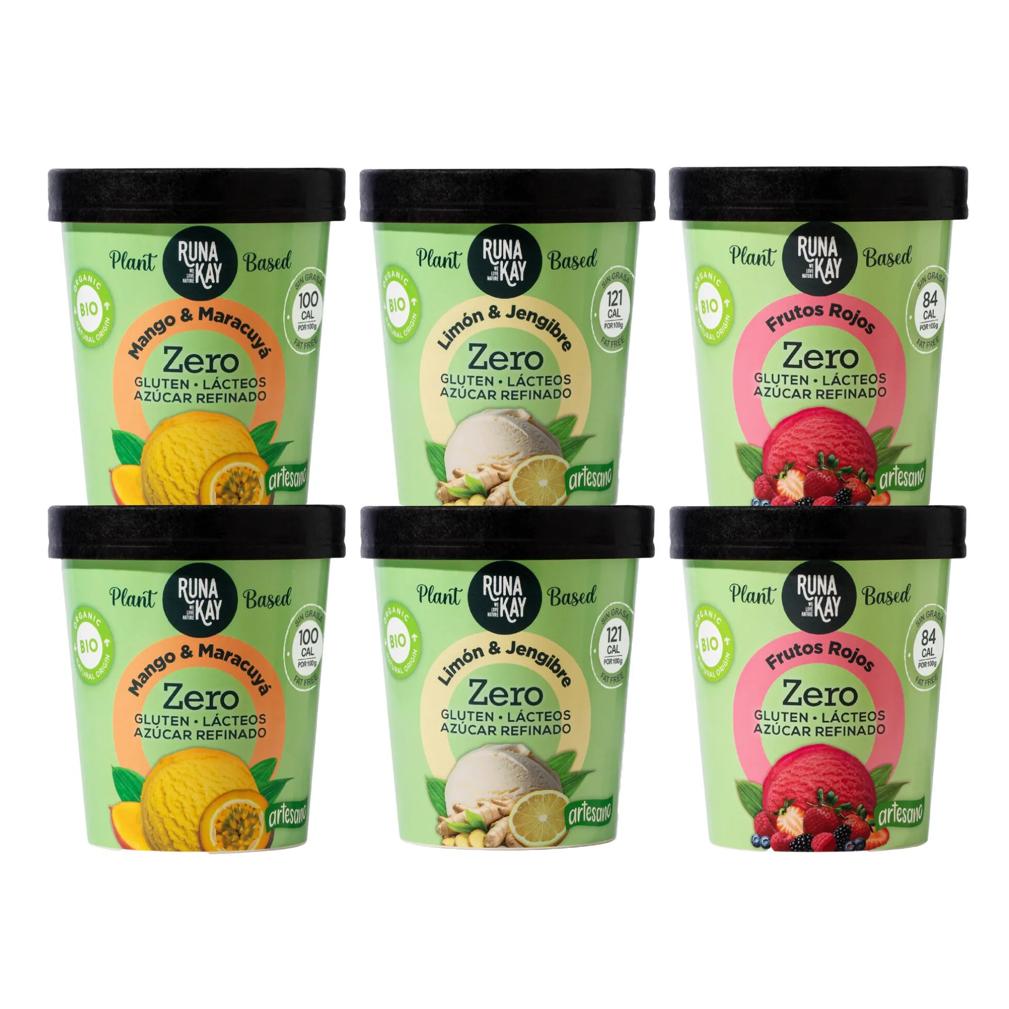 Pack Mix Helado Artesano Eco Sin Gluten Ni Azúcar Refinado Mango&maracuyá Limón&jengibre Frutos Rojos Runakay 6x460ml