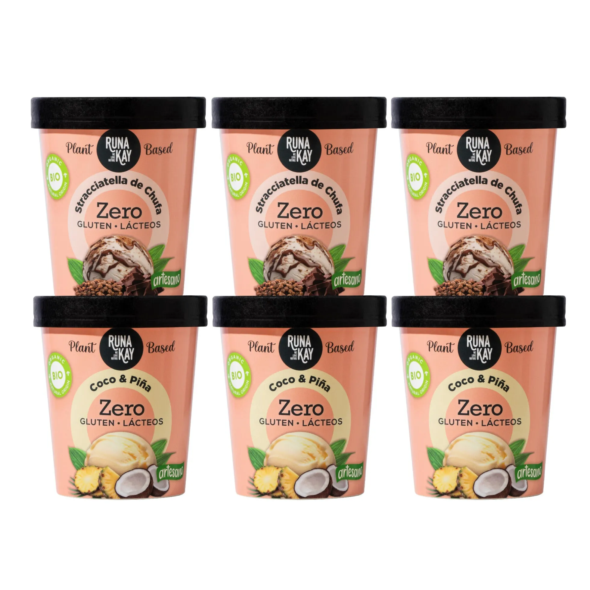 Pack Mix Helado Artesano Eco Sin Gluten Ni Lácteos Stracciatella de Chufa&Choco, Coco&piña Runakay 6x460ml/400g