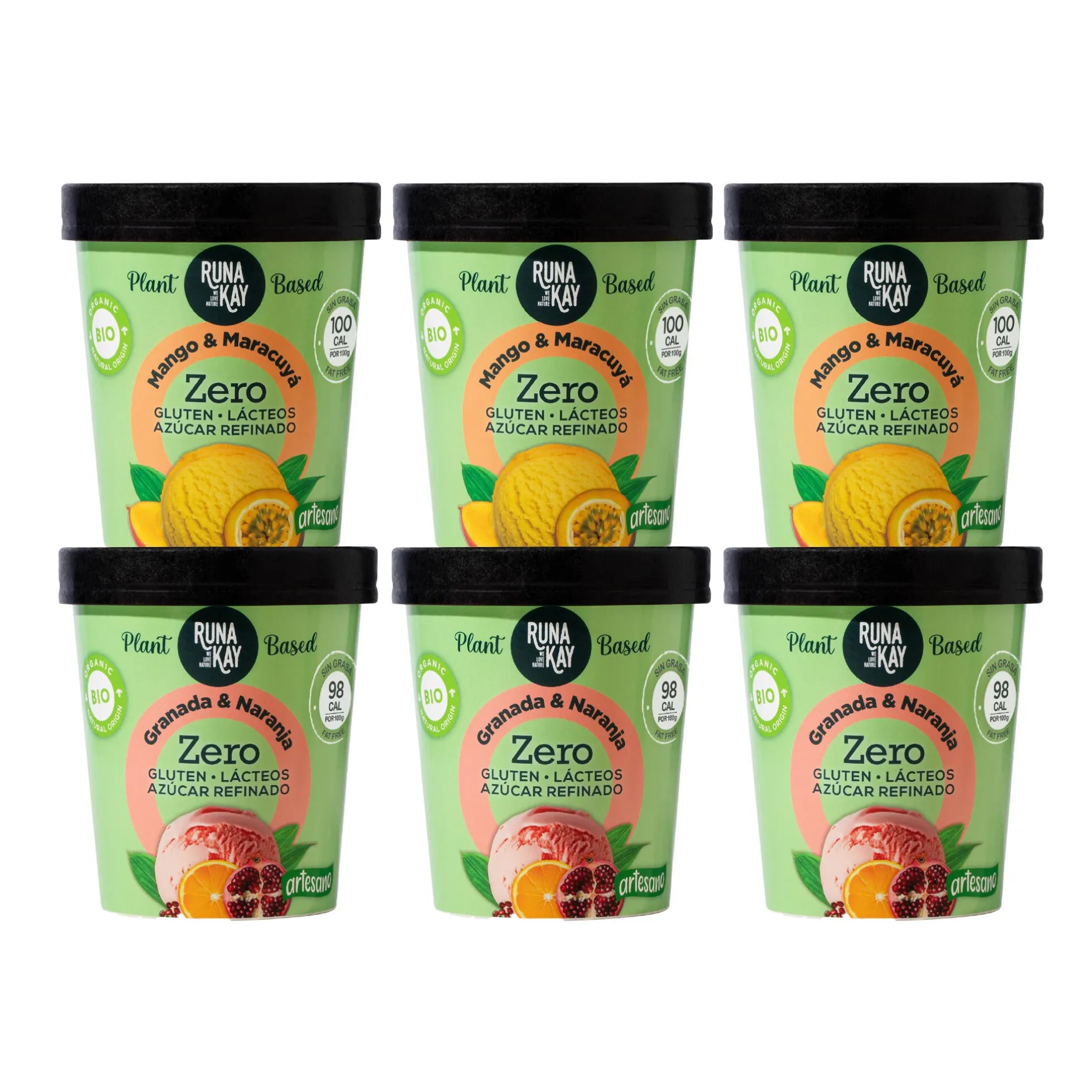 Pack Mix Helado Artesano Eco Sin Gluten Ni Azúcar Refinado Mango&Maracuyá Granada&Naranja Runakay 6x460ml/400g