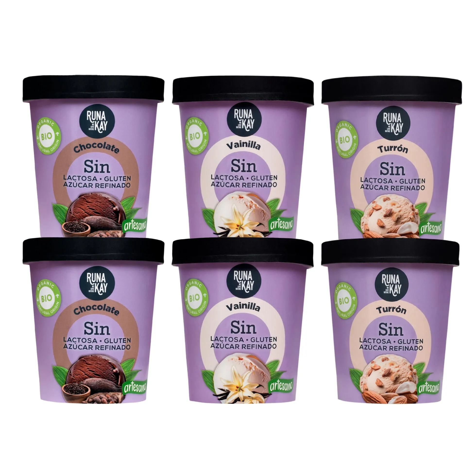 Pack Mix Helado Artesano Eco Sin Gluten Sin Lactosa Ni Azúcar Refinado Chocolate, Vainilla,Turrón Runakay 6x460ml/400g