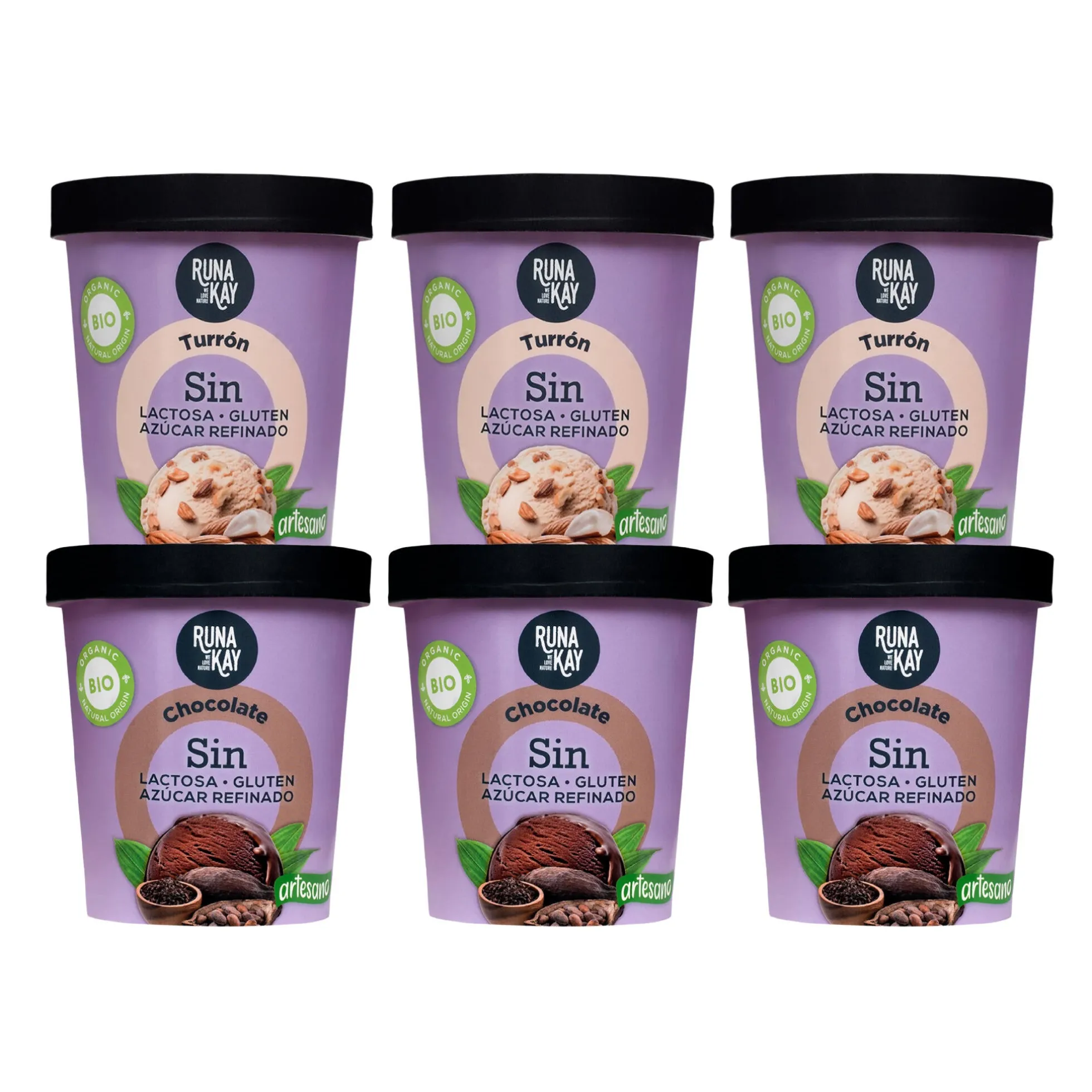 Pack Mix Helados Artesanos Eco Sin Gluten Sin Lactosa Ni Azúcar Refinado Chocolate, Turrón Runakay 6x460ml/400g