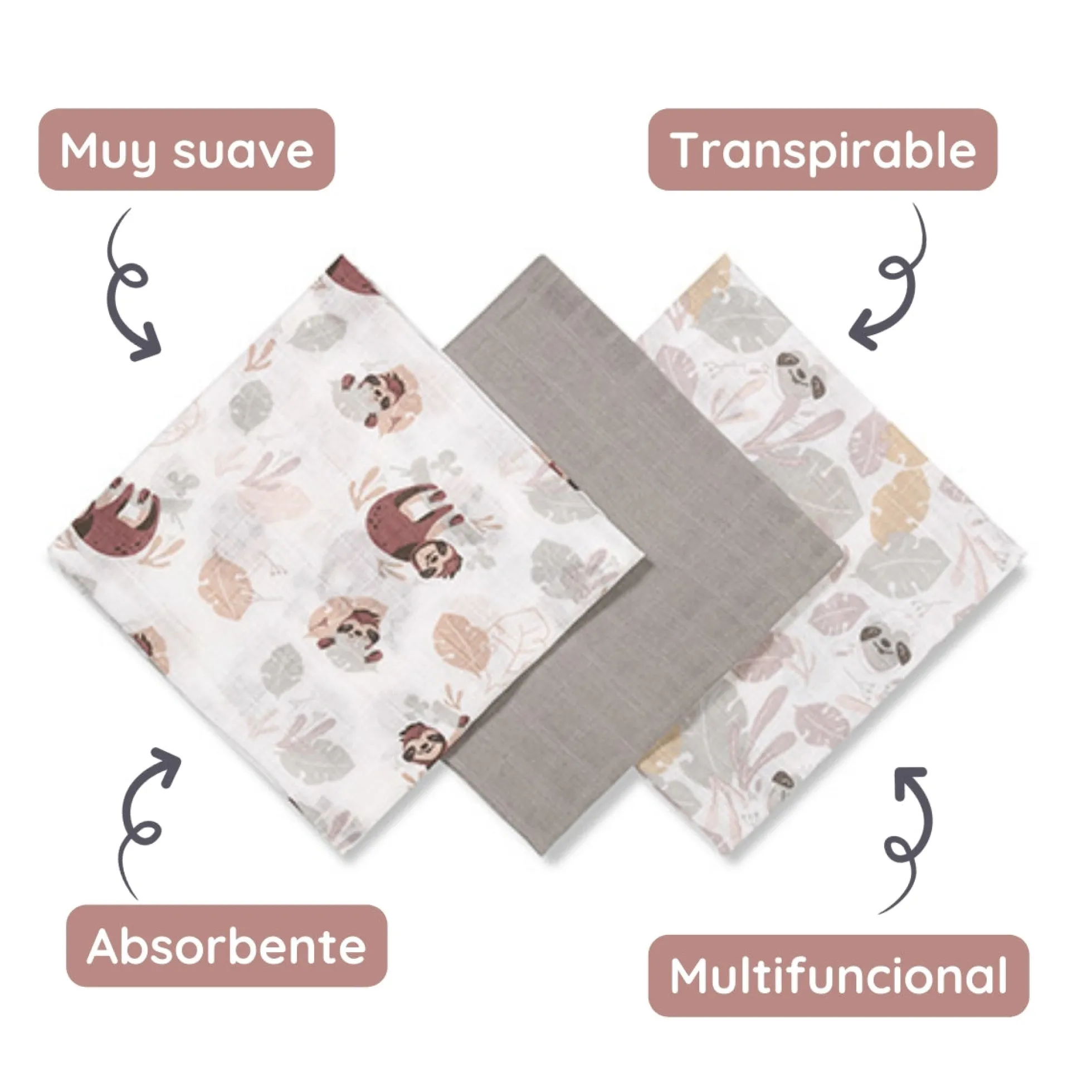 Pack 3 Muselinas Algodón 70x70 Cm Perezoso