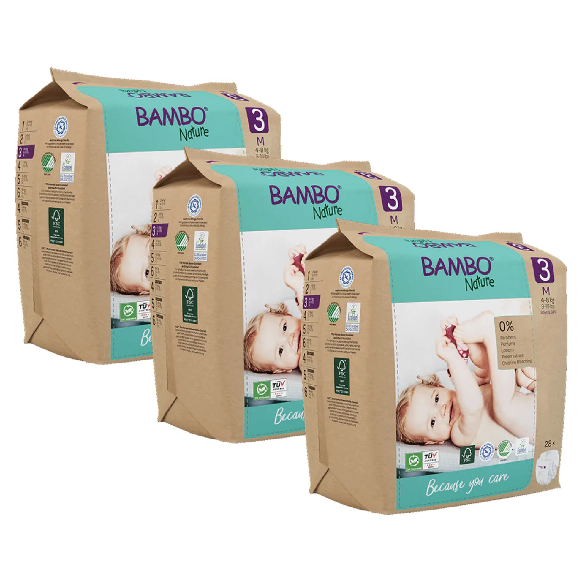 Pack Pañales Bambo Nature talla 3, (4-8 kg), 3 x 28 unidades