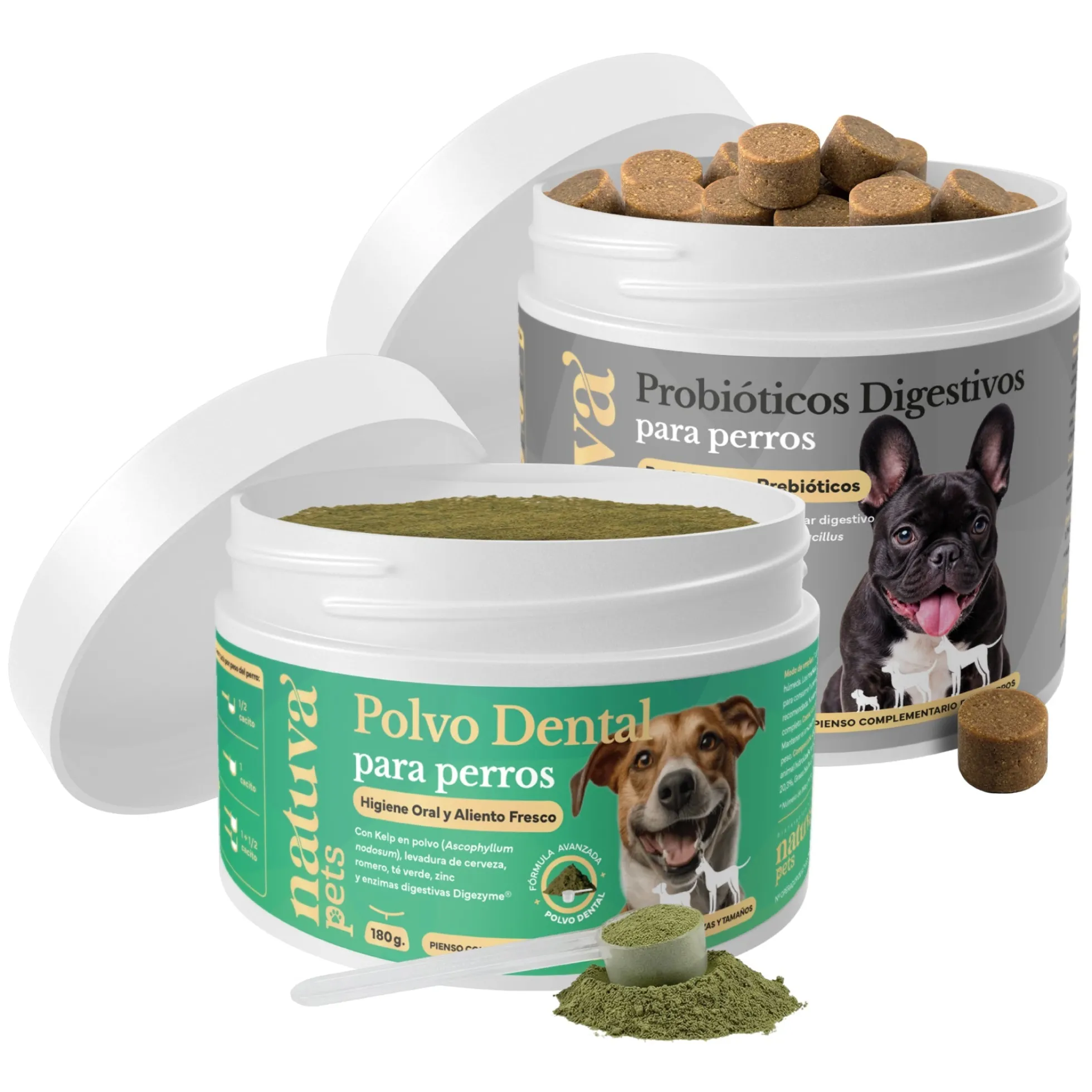 Pack Polvo Dental + Probiótico Para Perros. Suplementos Mascotas. 180 G Y 120 Masticables. Natuva Pets