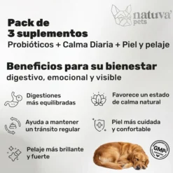 Pack Probiótico + Calmante + Aceite De Salmón Para Perros. Suplementos Mascotas. 360 Masticables. Natuva Pets