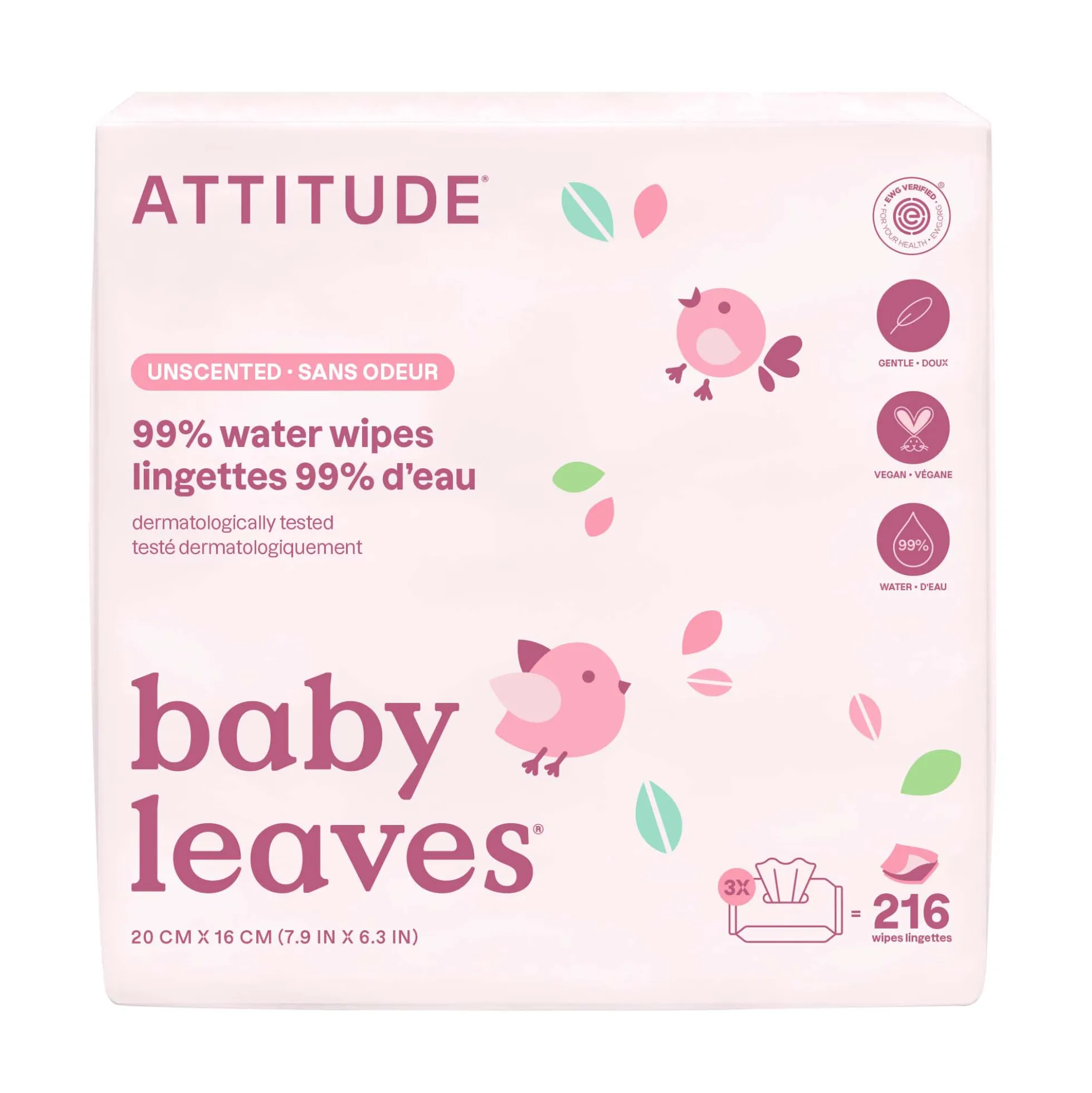 Pack 3 toallitas Baby Leaves 99% agua sin perfume Attitude
