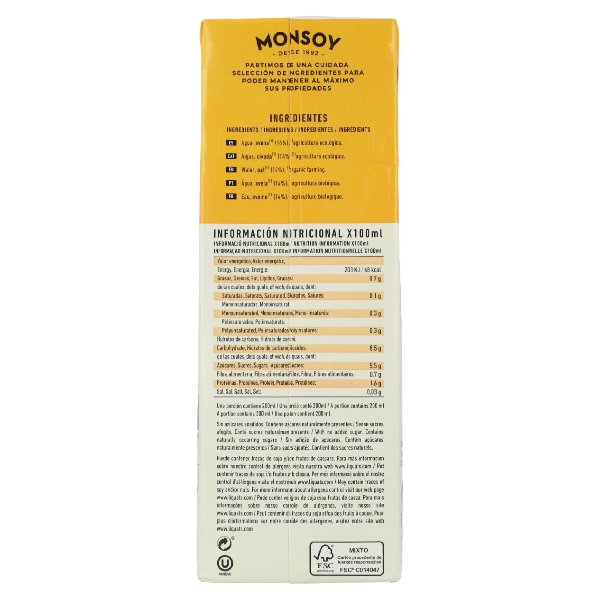 Pack 6uds Bebida BIO de avena sin gluten Monsoy1 L