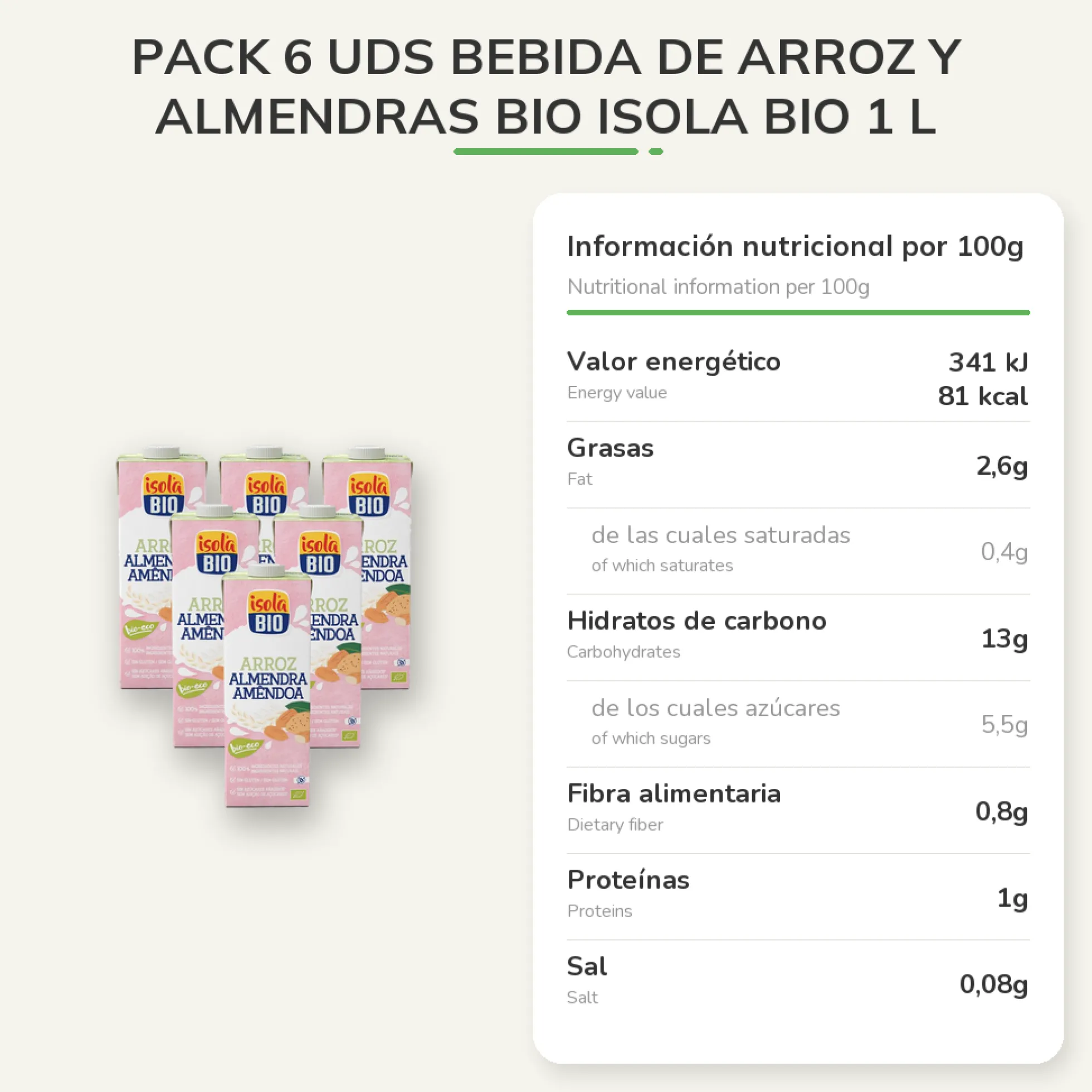 Pack 6 uds Bebida de Arroz y Almendras Bio Isola BIO 1 L