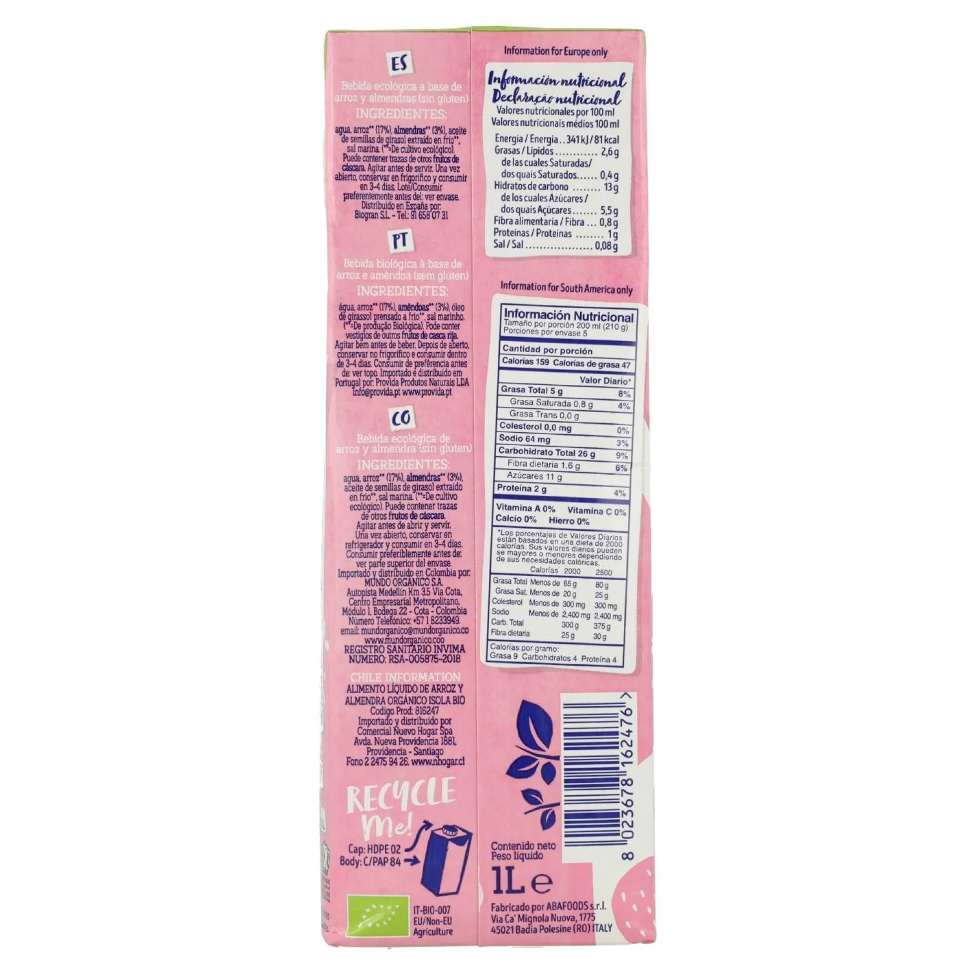 Pack 6 uds Bebida de Arroz y Almendras Bio Isola BIO 1 L