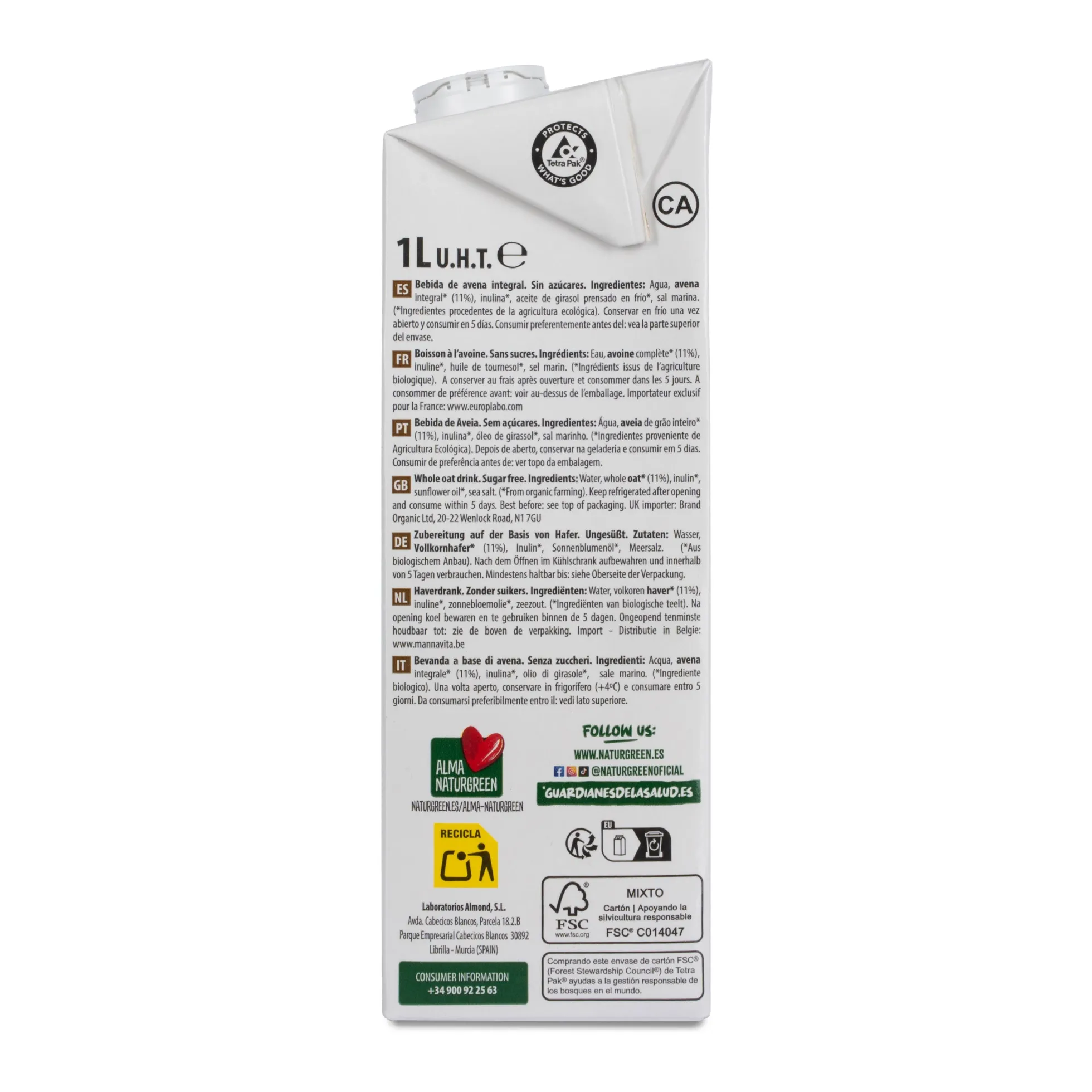 Pack 6 uds Bebida de Avena Integral 0% Azúcares Bio NaturGreen 1 L