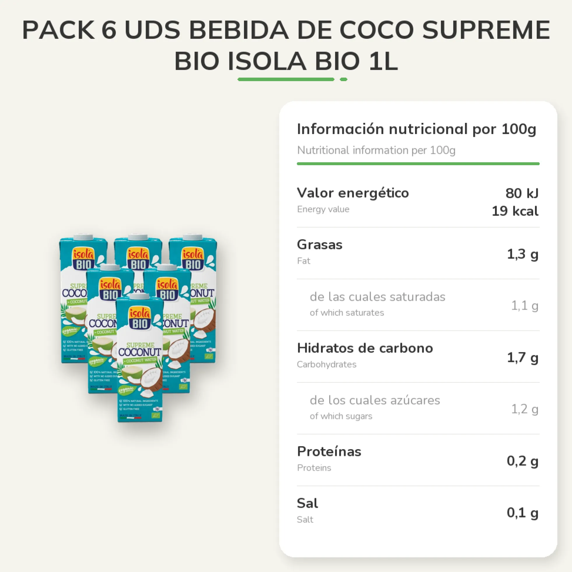 Pack 6 uds Bebida de Coco Supreme Bio Isola Bio 1L