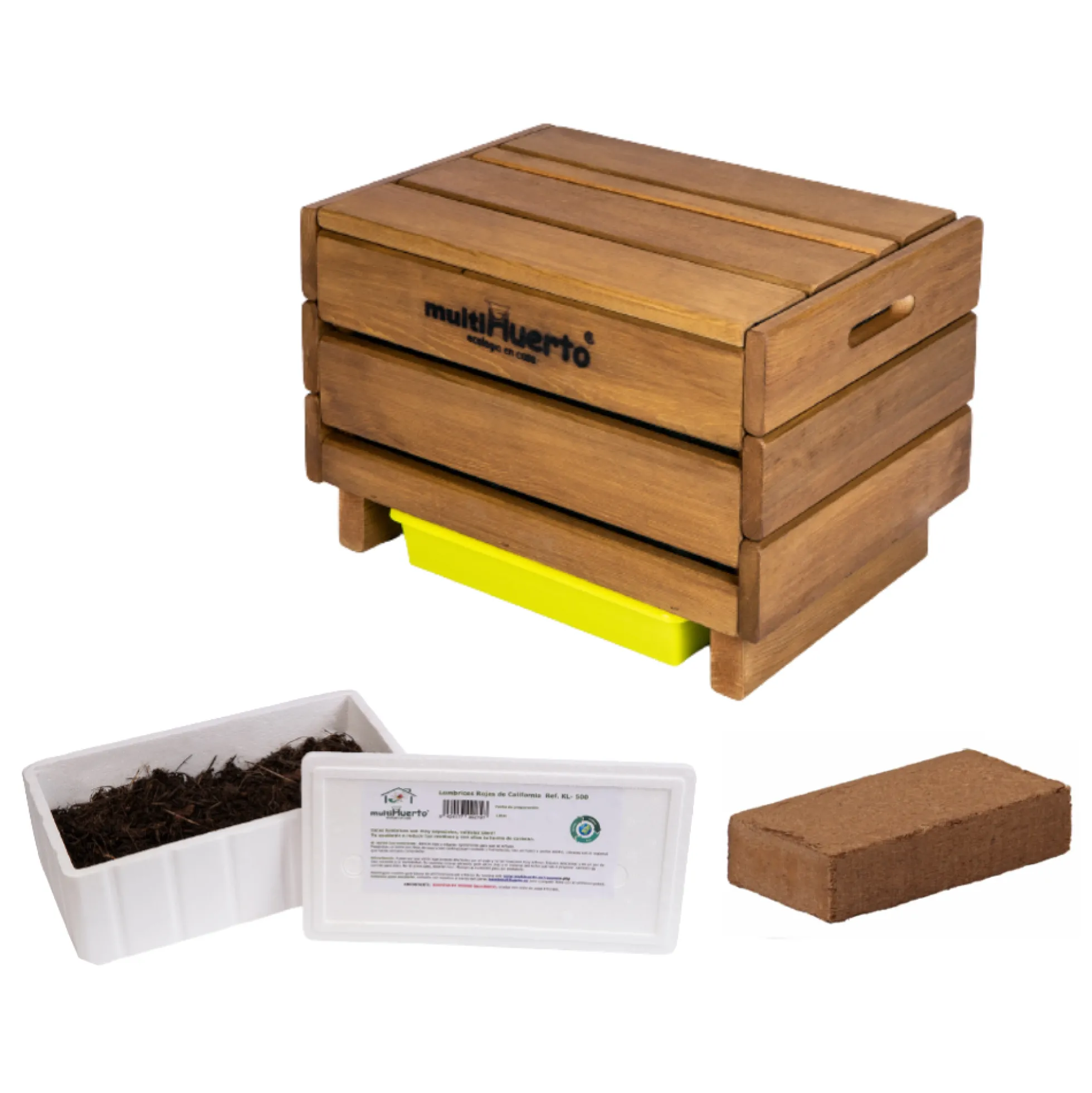 Pack Vermicompostador Frutero Sencillo + 1000 Lombrices + Fibra De Coco