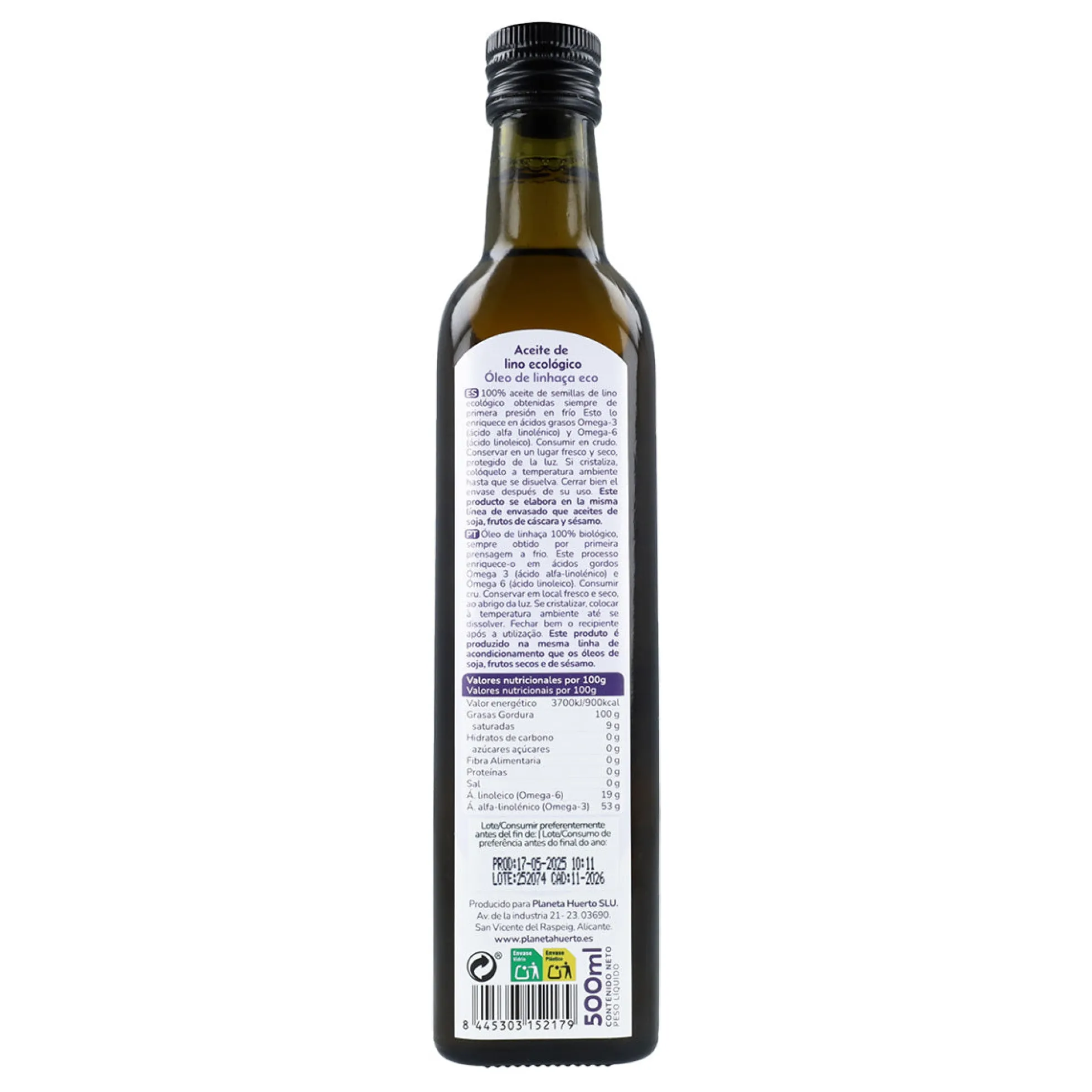Pack 2x Aceite de Lino prensado en frío ECO Planeta Huerto 500 ml
