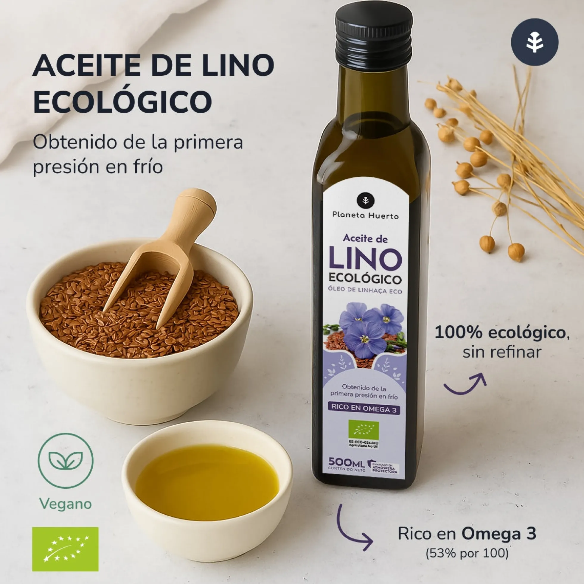 Pack 2x Aceite de Lino prensado en frío ECO Planeta Huerto 500 ml