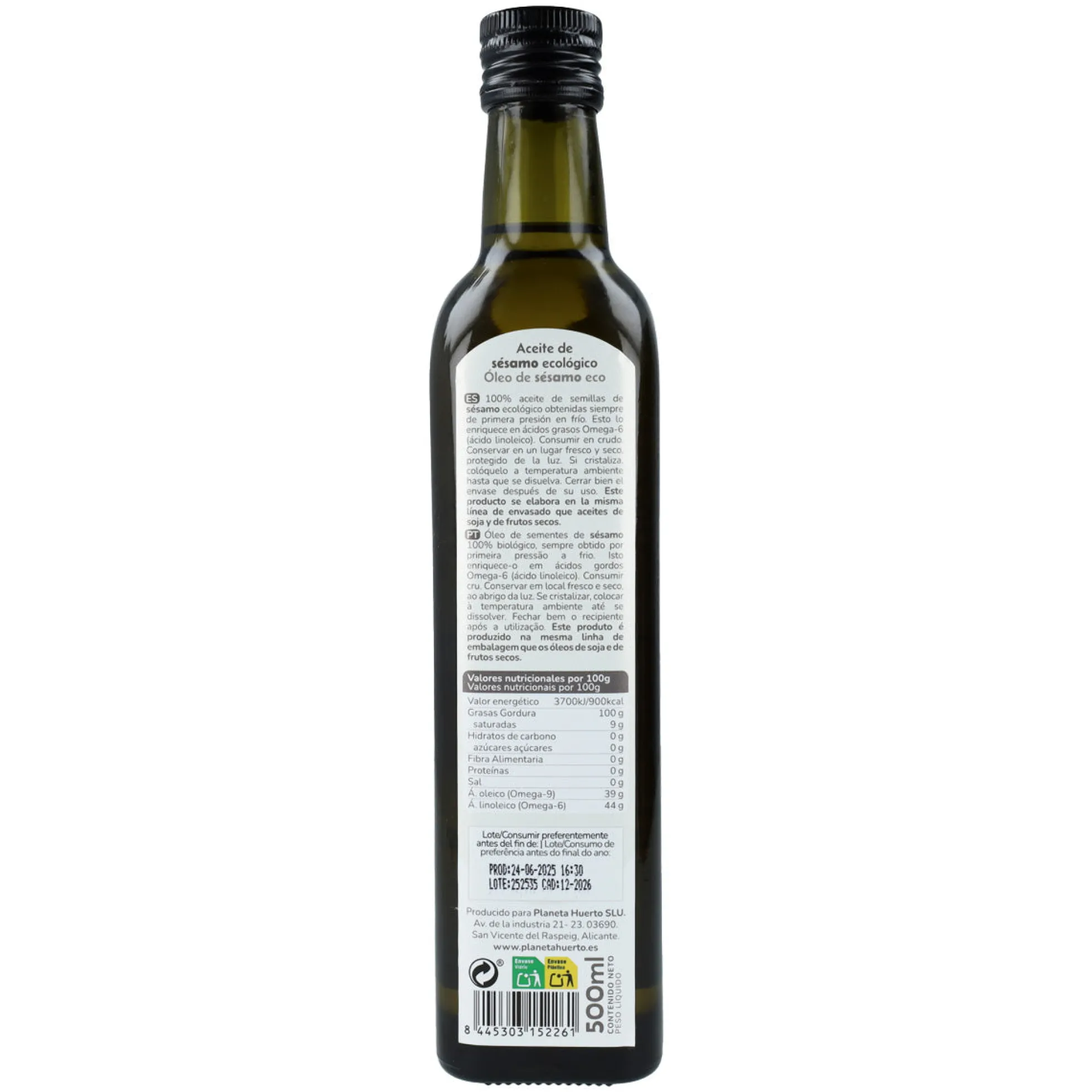 Pack 2x Aceite de Sésamo prensado en frío ECO Planeta Huerto 500 ml