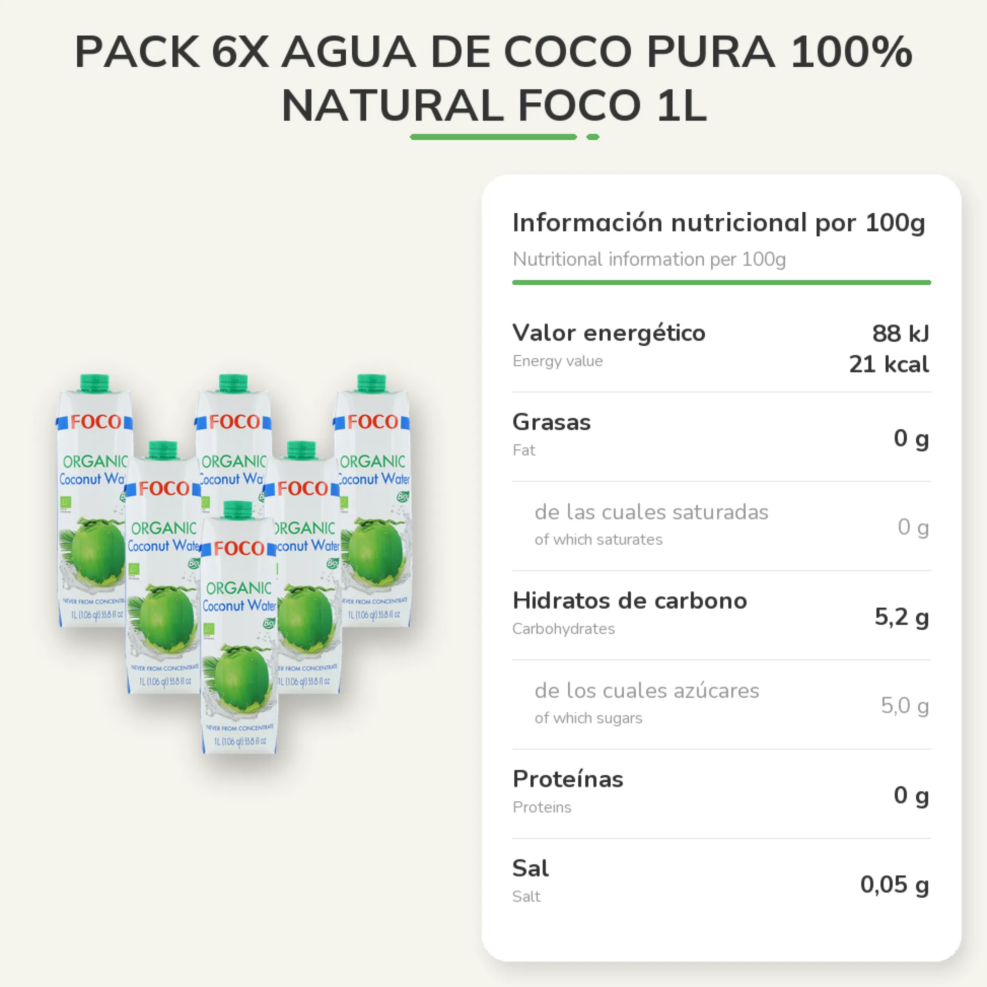 Pack 6x Agua de coco pura 100% Natural Foco 1L