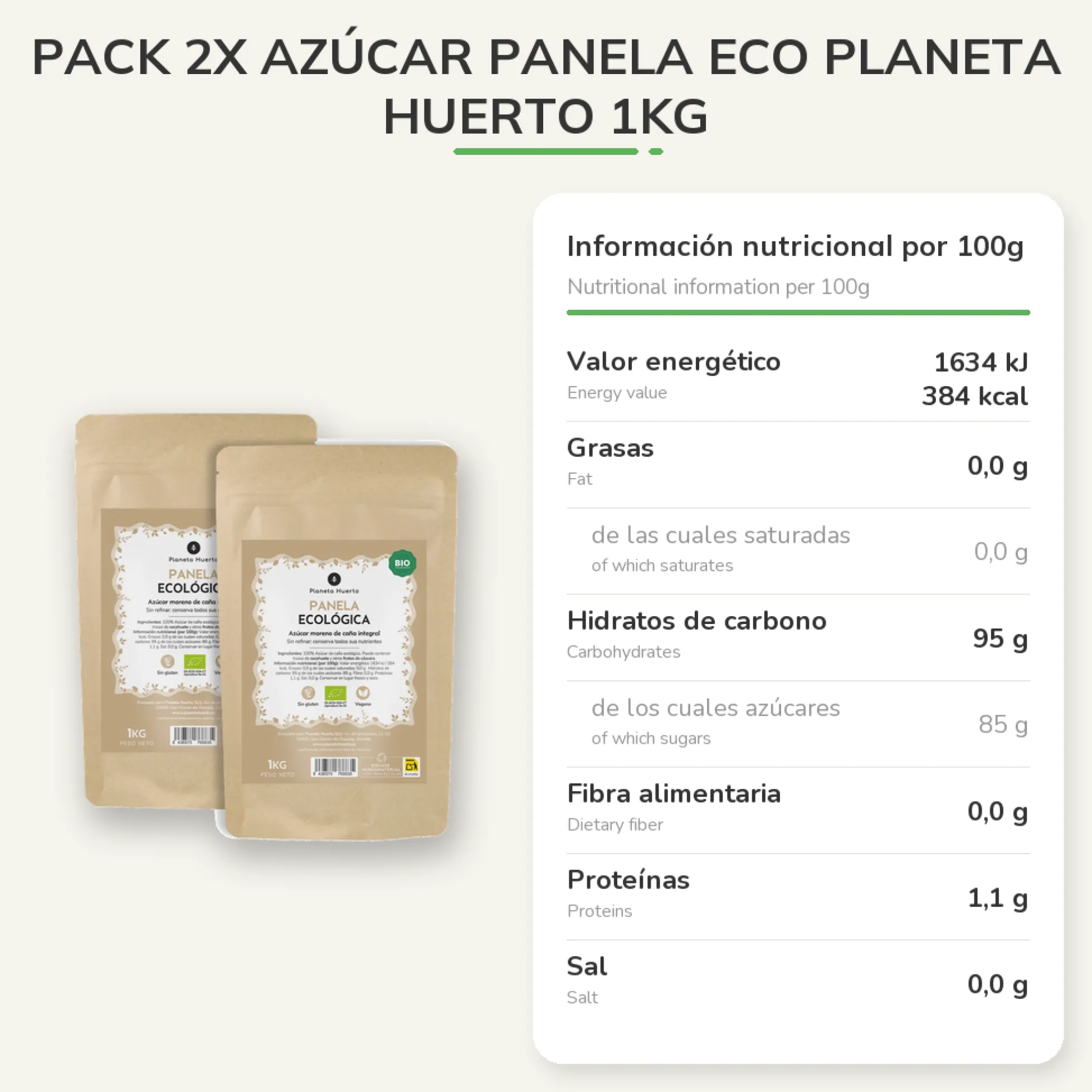 Pack 2x Azúcar Panela ECO Planeta Huerto 1kg