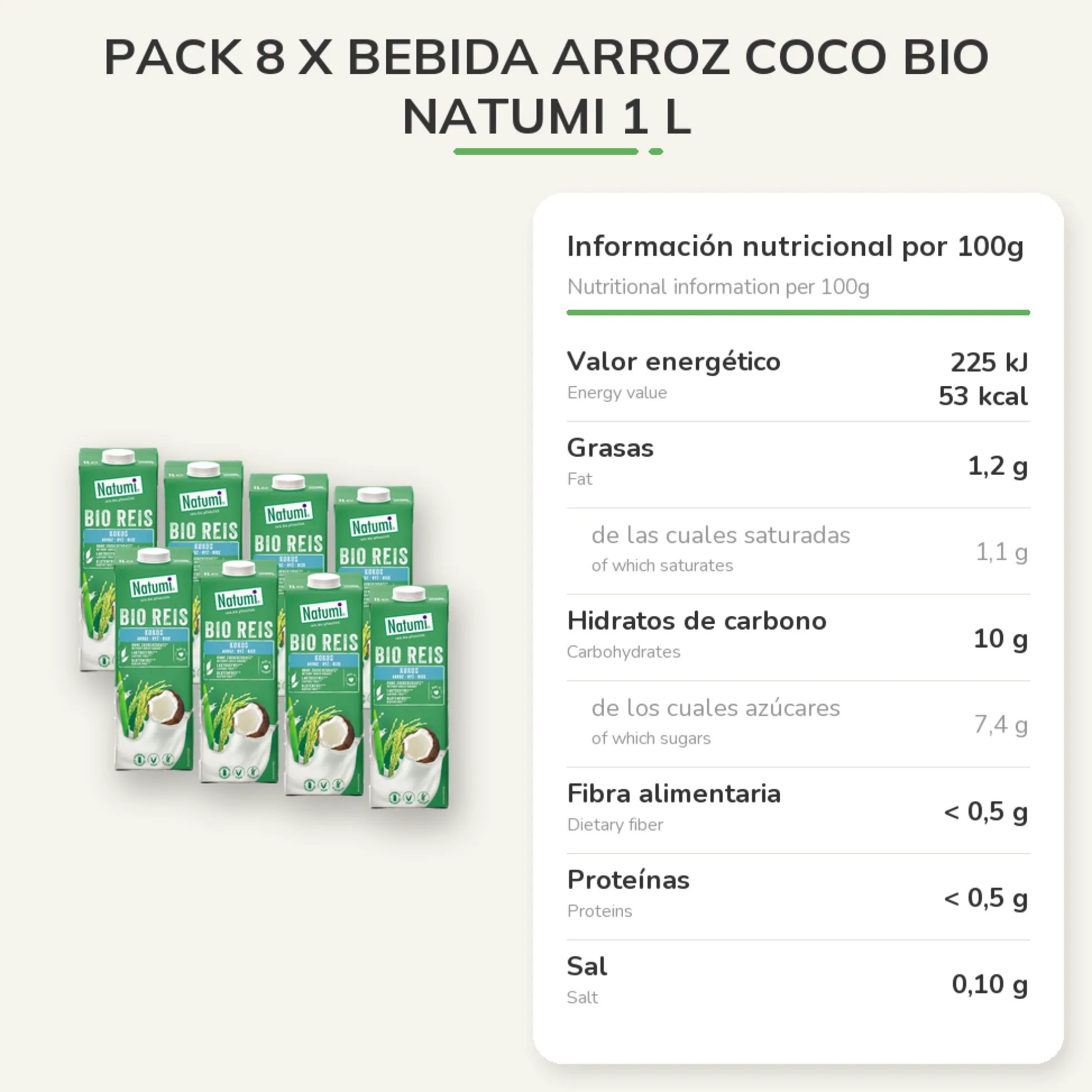 Pack 8 x Bebida Arroz Coco Bio Natumi 1 L