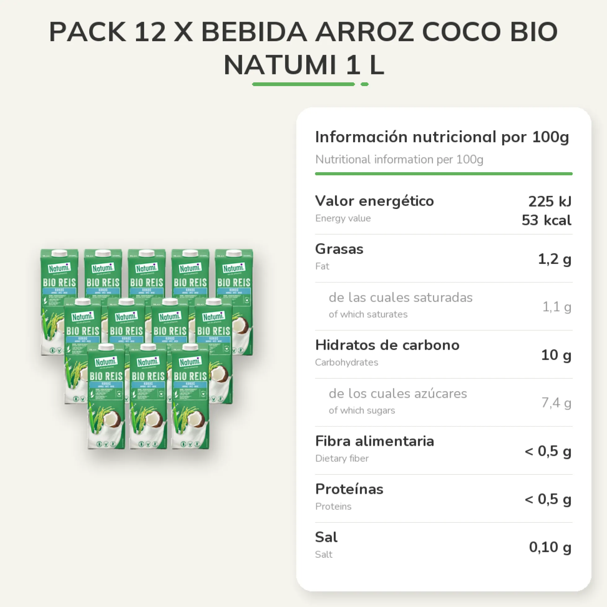 Pack 12 x Bebida Arroz Coco Bio Natumi 1 L