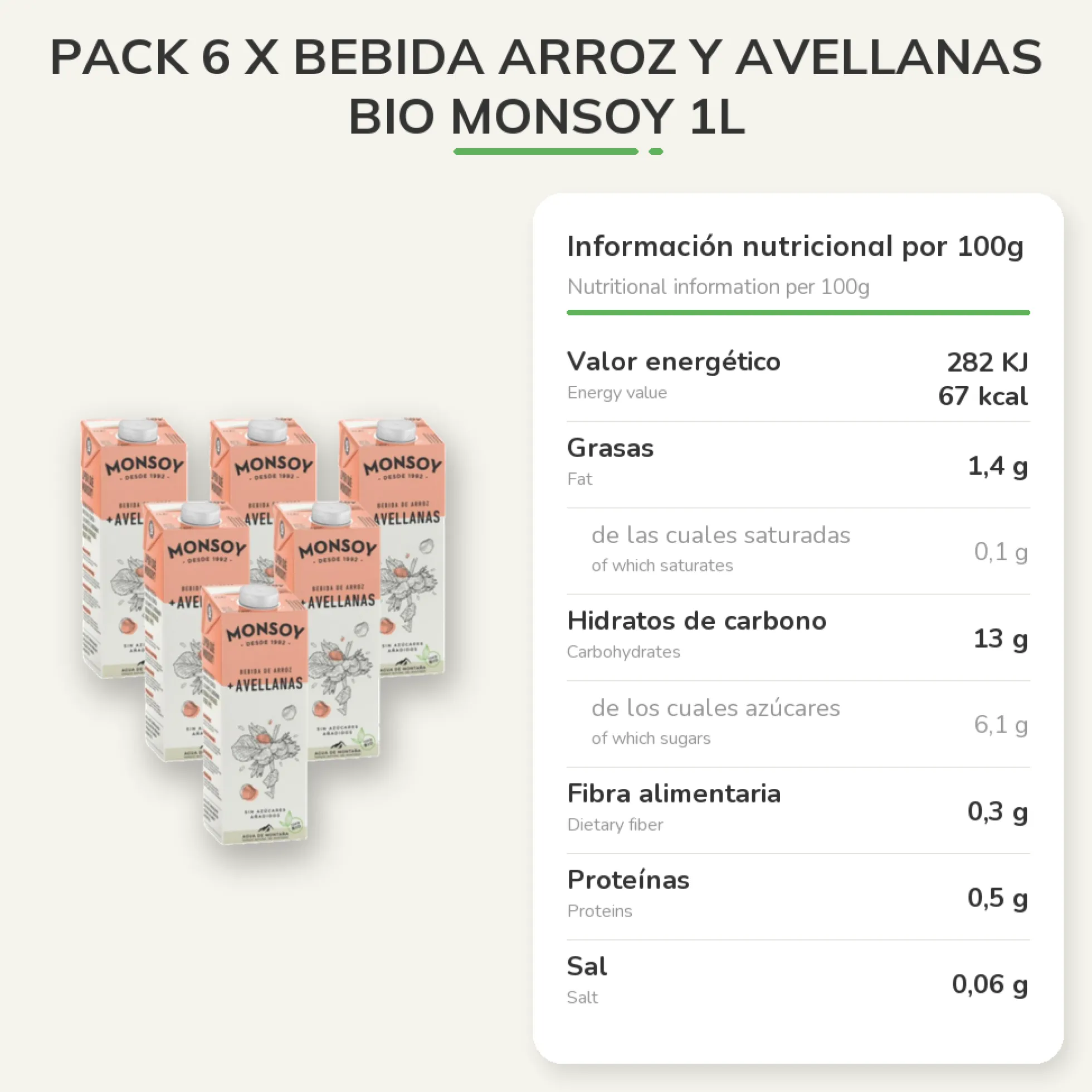 Pack 6 x Bebida Arroz y Avellanas BIO Monsoy 1L
