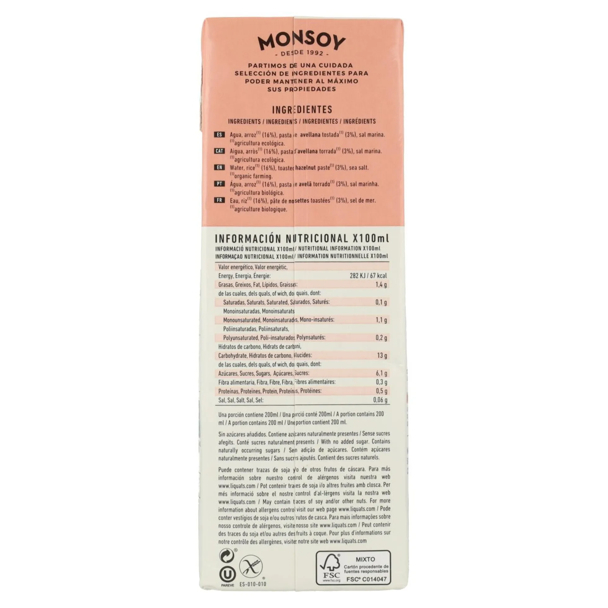Pack 6 x Bebida Arroz y Avellanas BIO Monsoy 1L