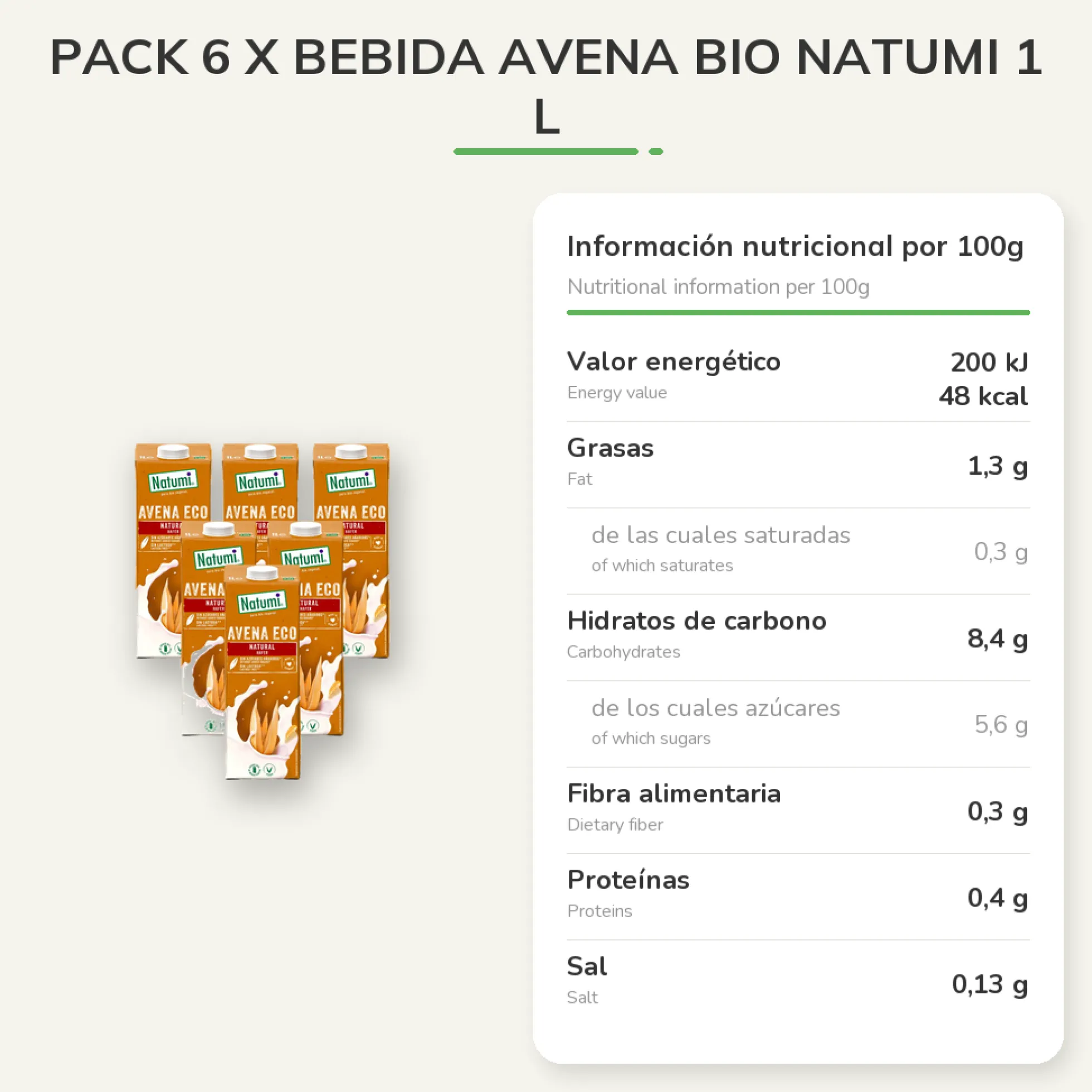 Pack 6 x Bebida Avena BIO Natumi 1 L