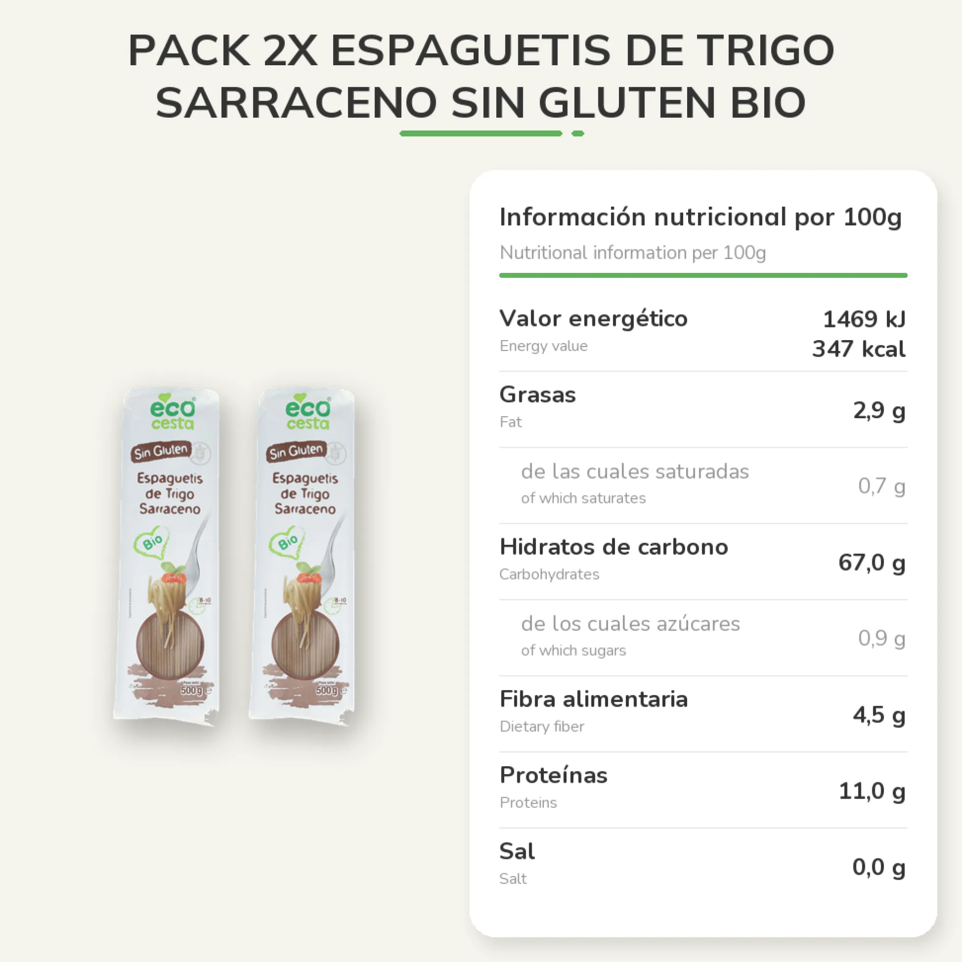 Pack 2x Espaguetis de Trigo Sarraceno sin gluten BIO Ecocesta, 500 g