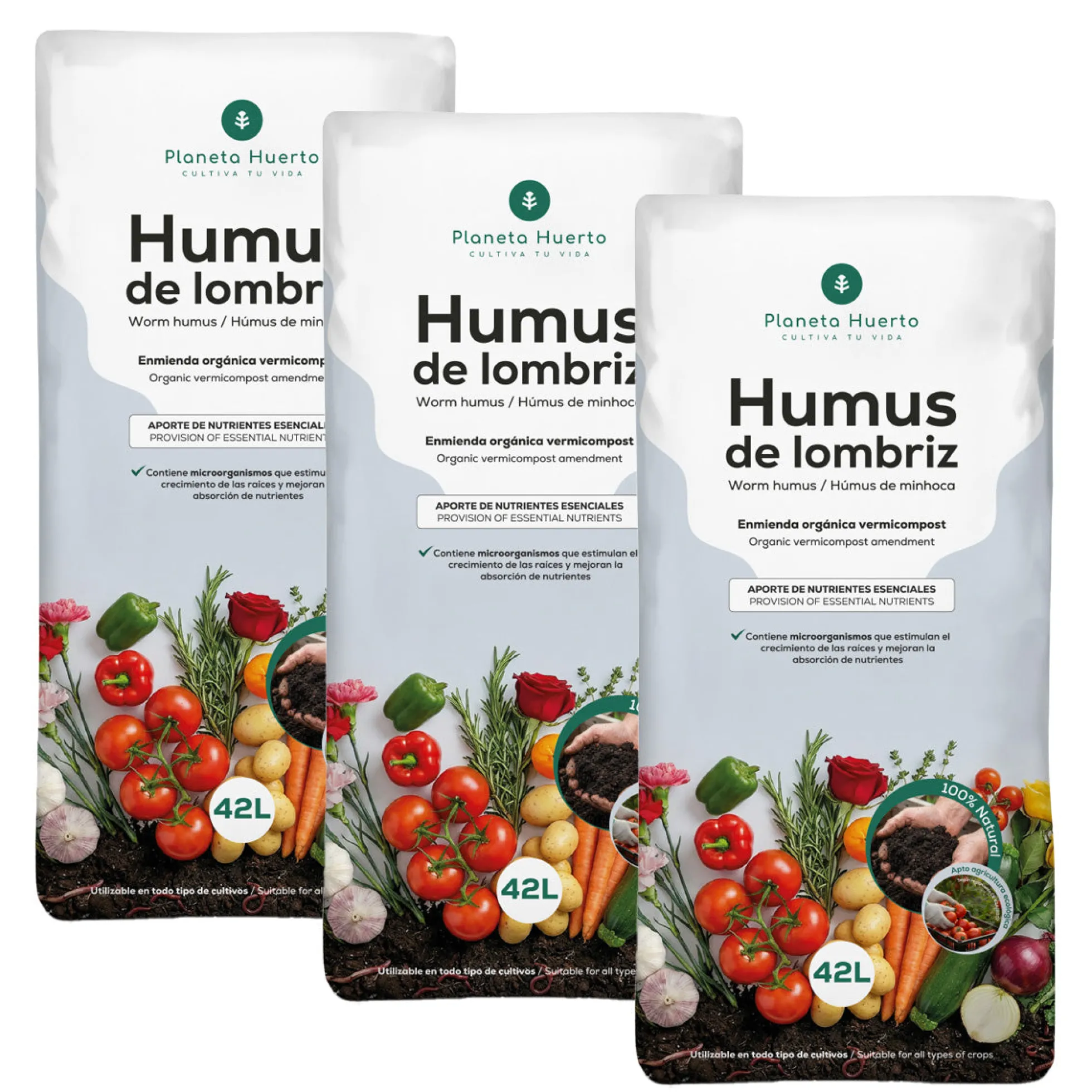 Pack 3x Humus de Lombriz 100% Natural Planeta Huerto 42 L